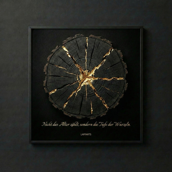 Wandkunst „Tiefe der Wurzeln“ – Goldene Kintsugi-Ästhetik auf tiefschwarzem Grund | LAFFARTS