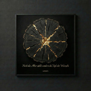 Wandkunst „Tiefe der Wurzeln“ – Goldene Kintsugi-Ästhetik auf tiefschwarzem Grund | LAFFARTS