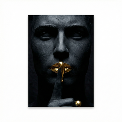 THE GOLDEN SILENCE |Statue in Obsidian-Optik mit vergoldeten Lippen| Luxus Wandbild für Strategen