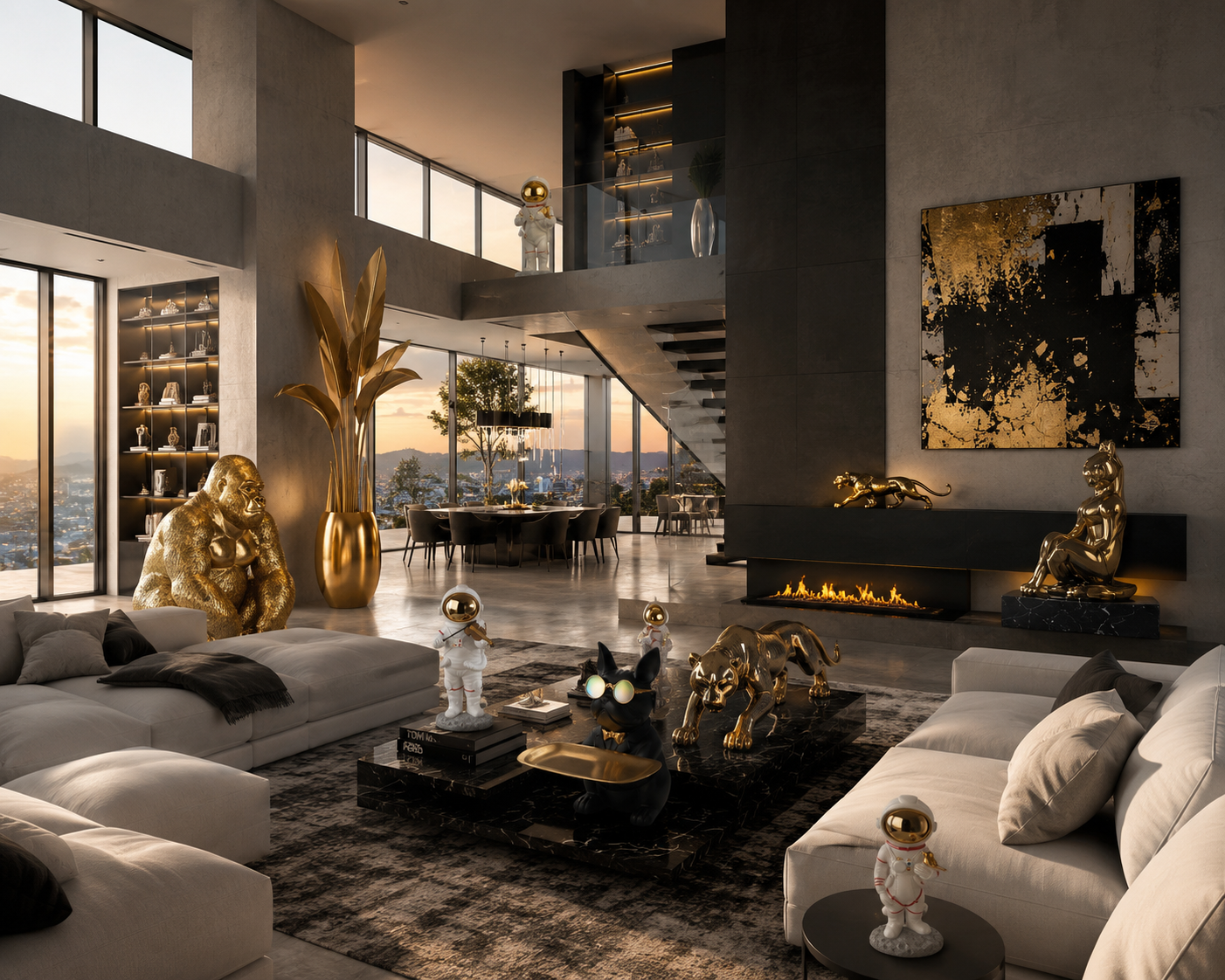 Pop-Art Statement Figur mit Goldakzenten vor einer Villa