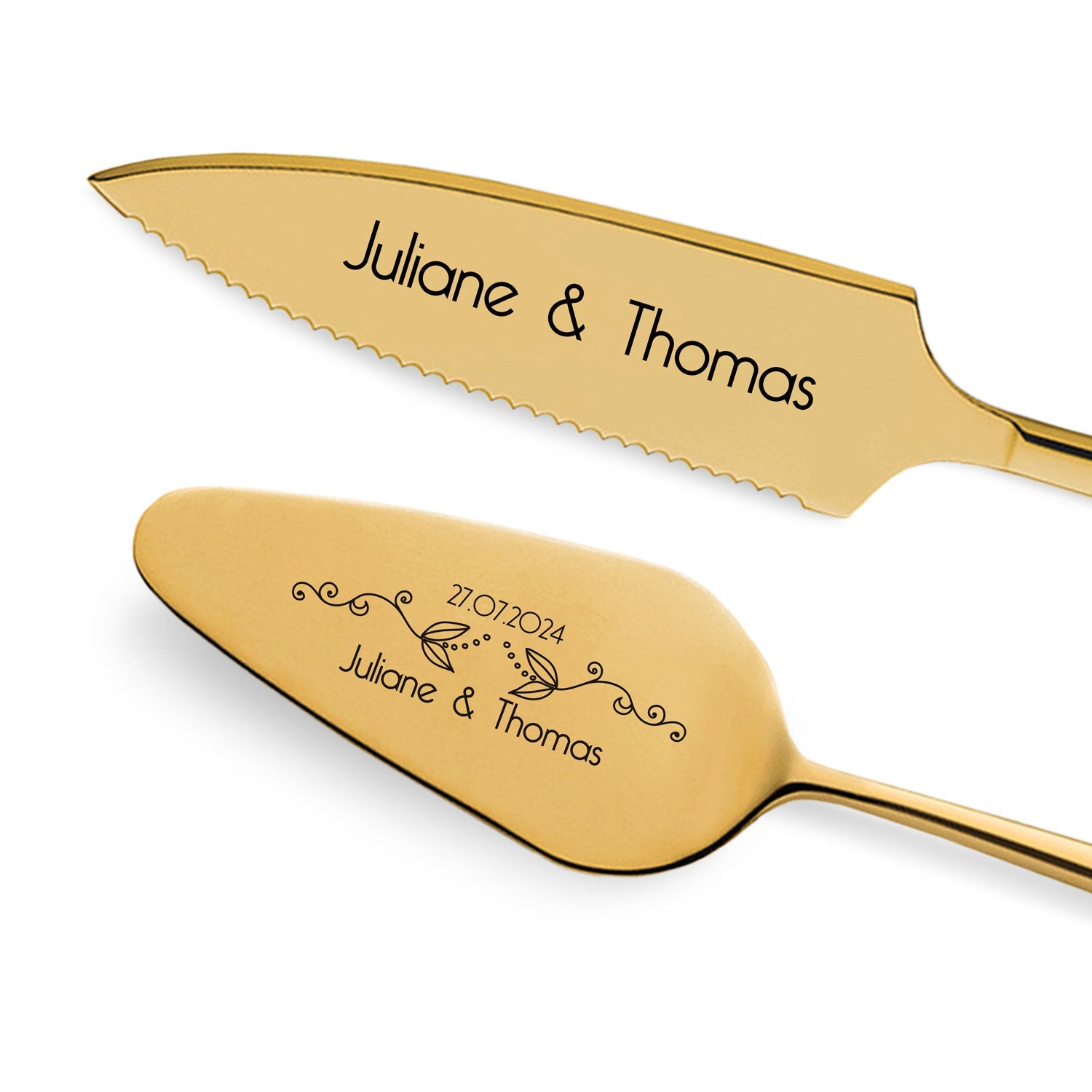Golden cake cutlery flower tendril with engraving | Wedding gift