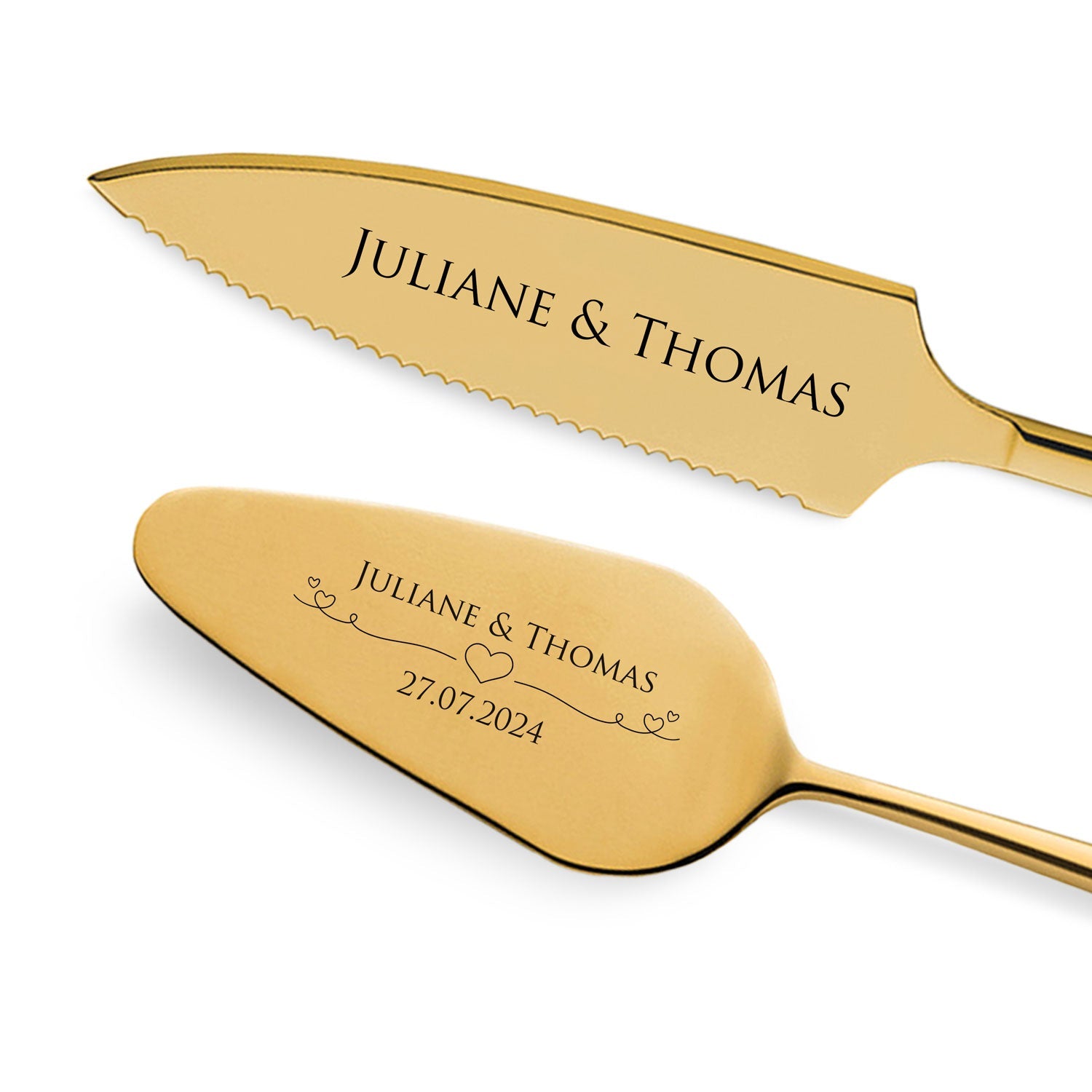Golden cake cutlery with engraving | Wedding gift