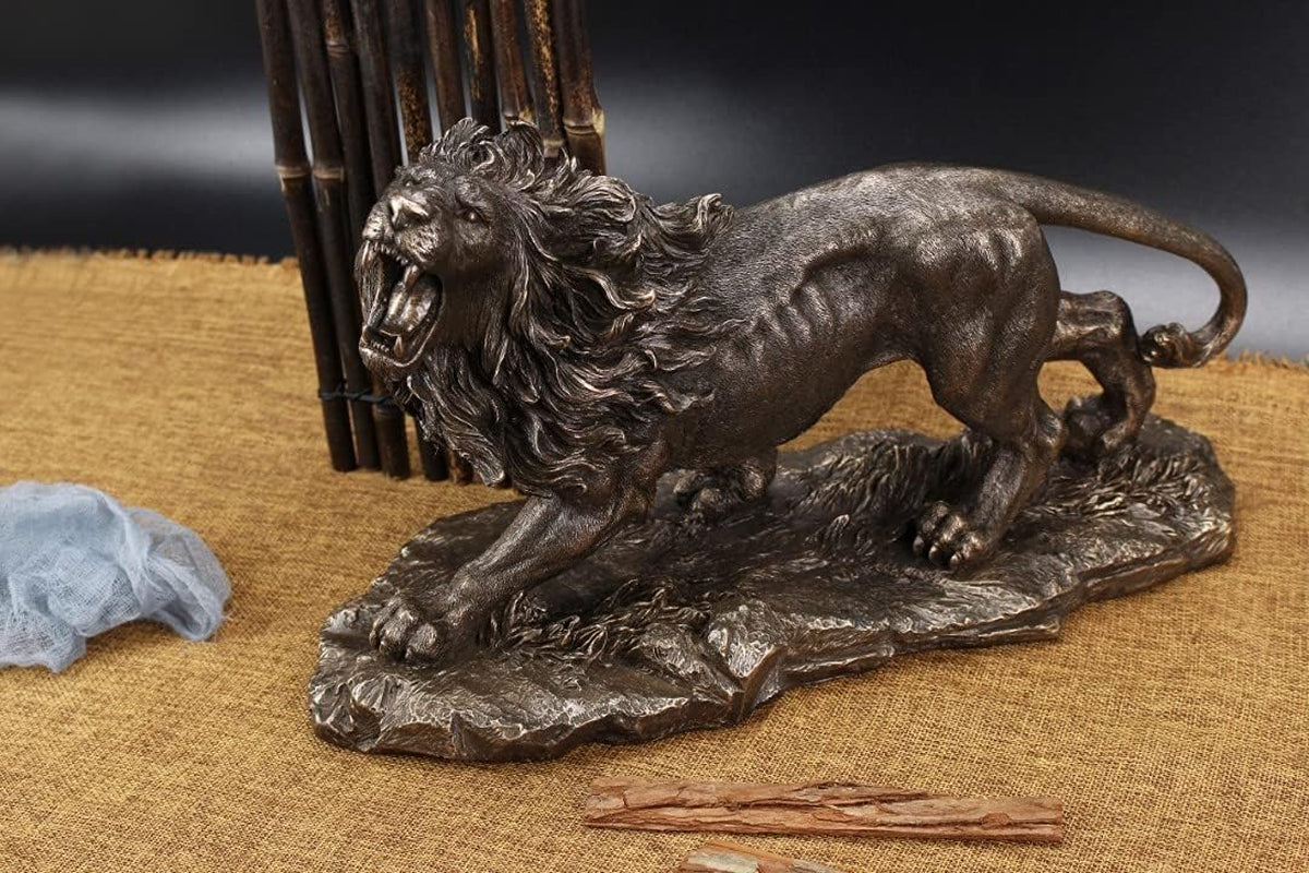 Große Brüllende Löwe Skulptur Handgefertigt in Bronze-Optik Lebensgroß | Echter Löwe Figur Als Motivation Für Unternehmer | Deko Figur in Schwarz-Gold Statue Groß