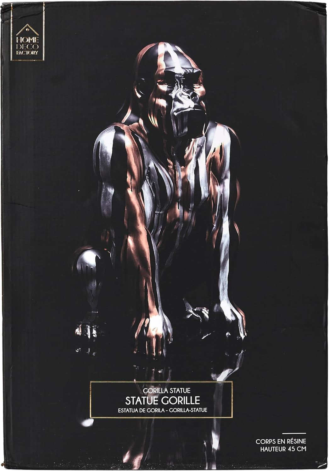 HOME DECO FACTORY, HD0213, Black Gorilla Statue with Gold and Silver Flowing, Contemporary Design, Durable Resin, Elegant Focal Point for Interior, H45 Cm, Black/Gold/Silver