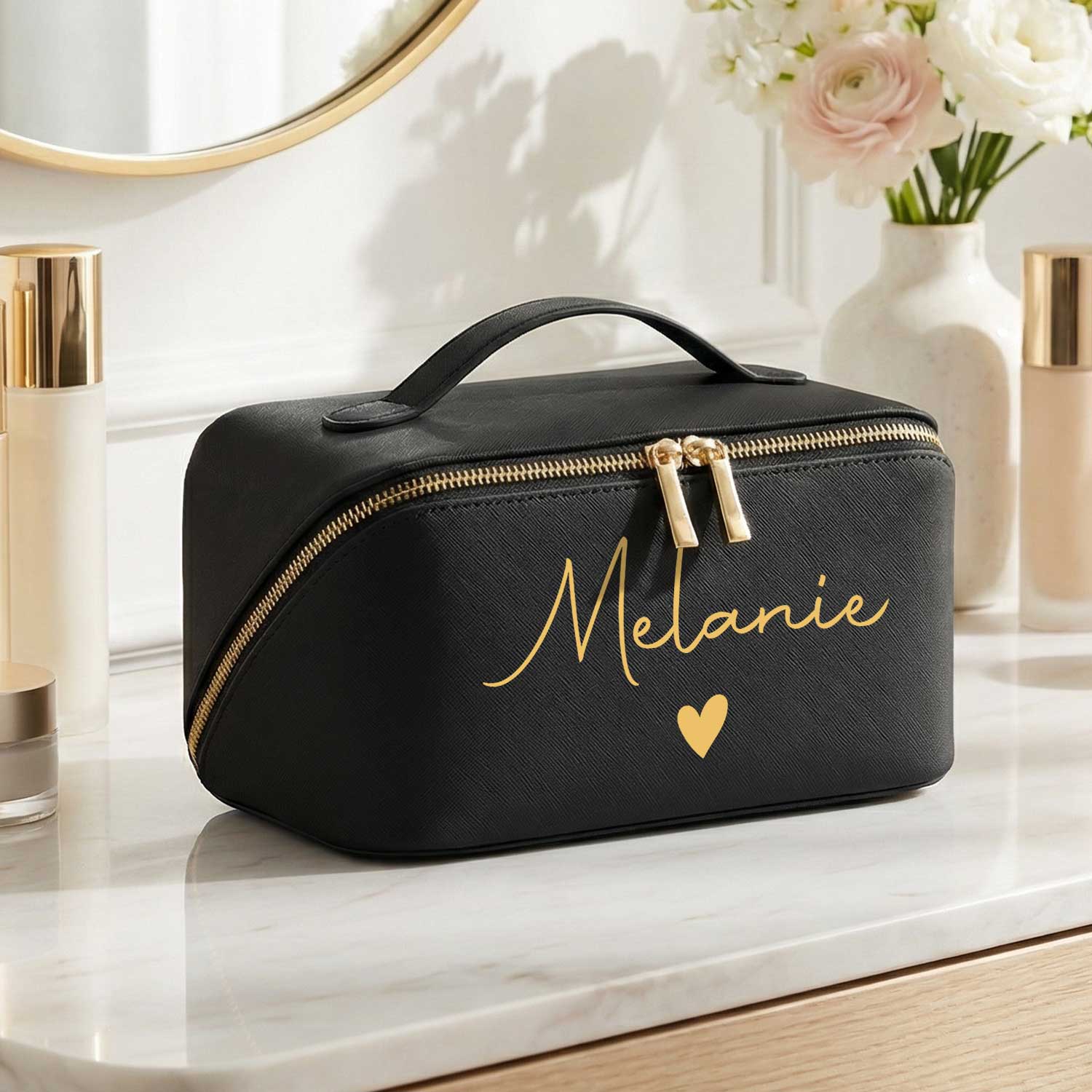 Personalisierte Kosmetiktasche mit Name ca. 24 x 12 x 12 cm | Geschenkidee in Gold