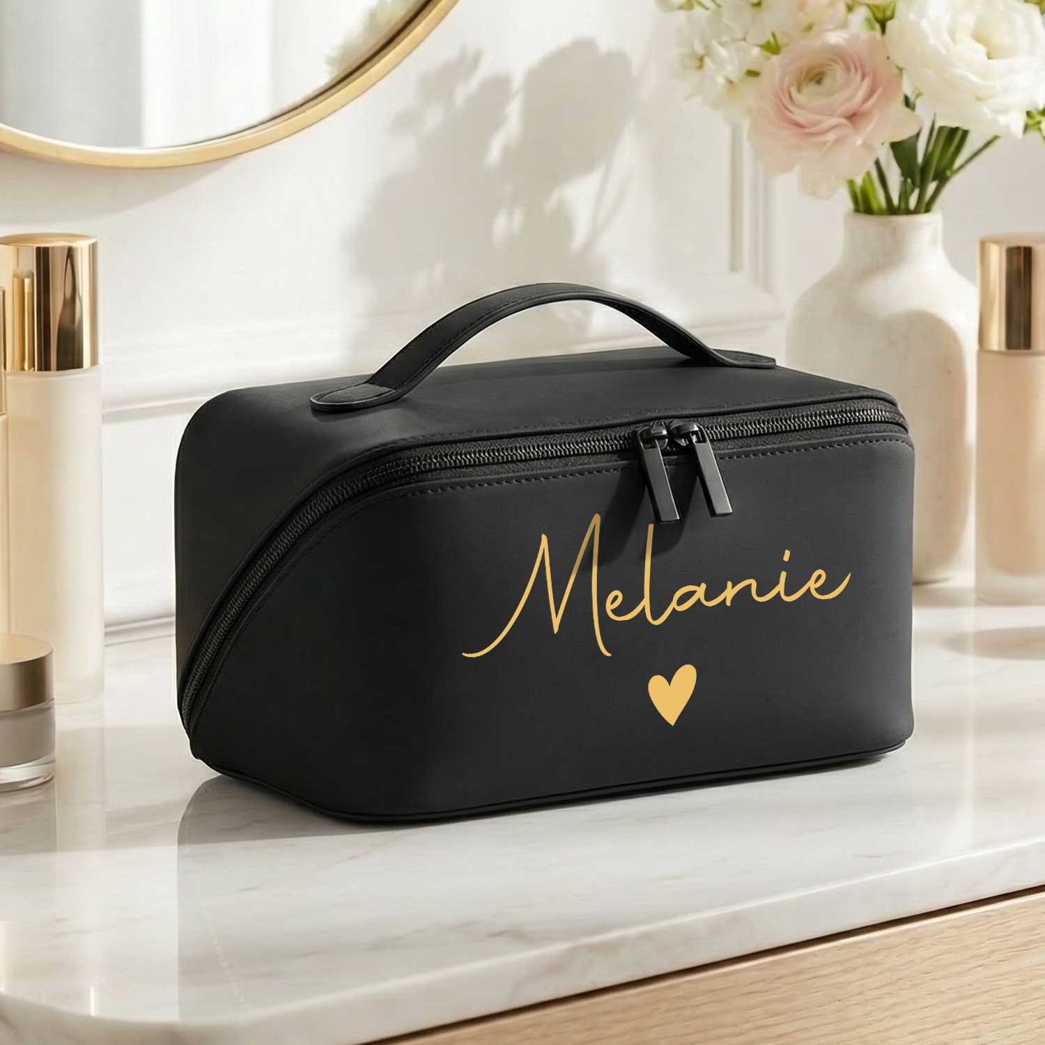 Personalisierte Kosmetiktasche mit Name ca. 24 x 12 x 12 cm | Geschenkidee in Gold