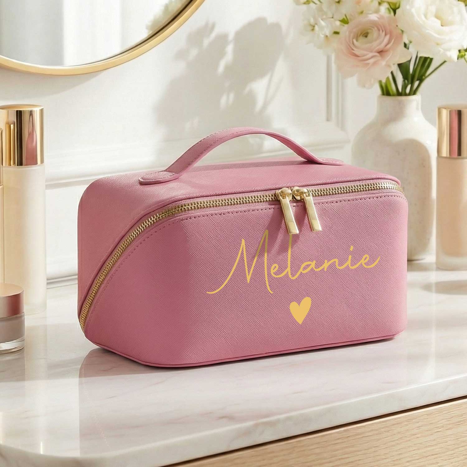 Personalisierte Kosmetiktasche mit Name ca. 24 x 12 x 12 cm | Geschenkidee in Gold