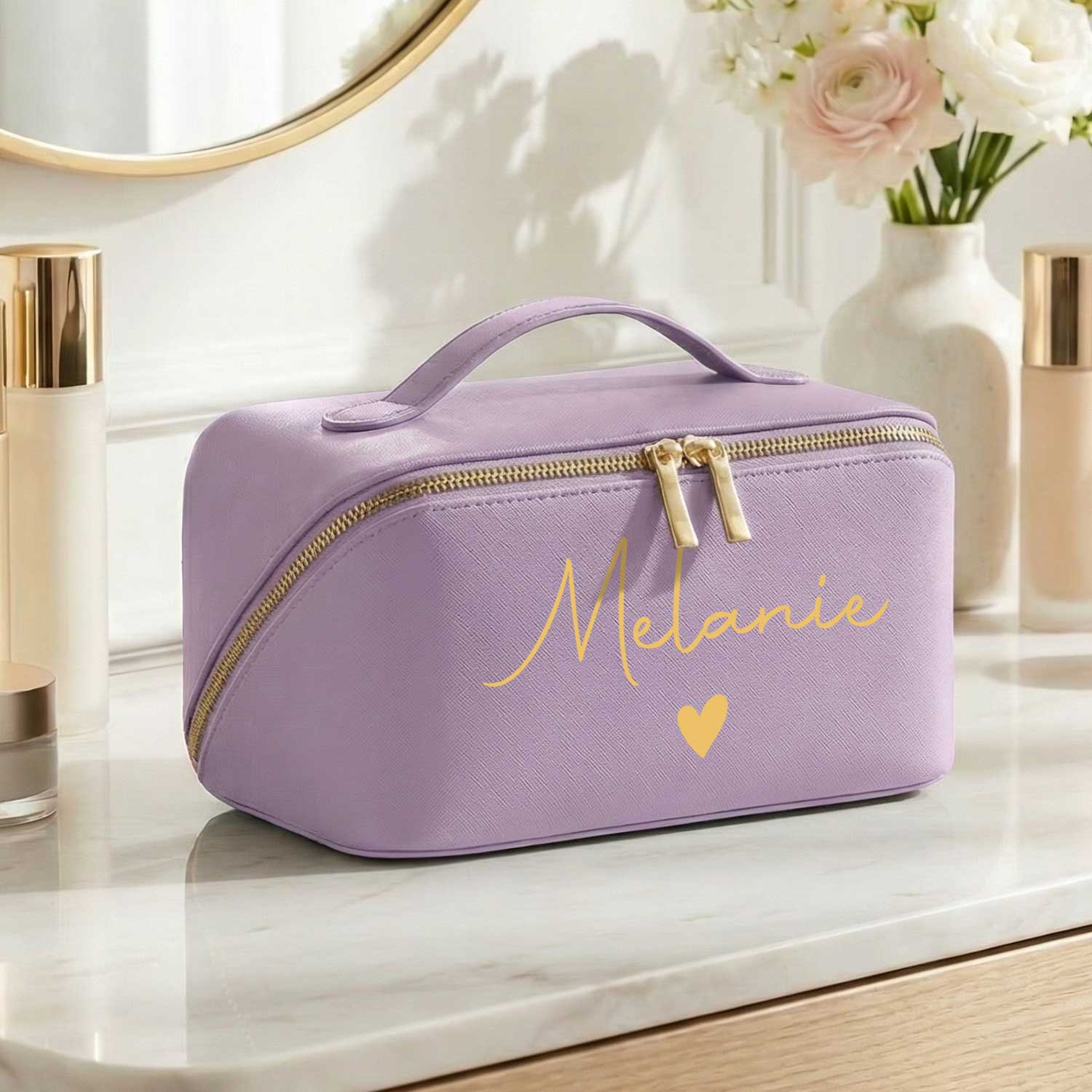 Personalisierte Kosmetiktasche mit Name ca. 24 x 12 x 12 cm | Geschenkidee in Gold