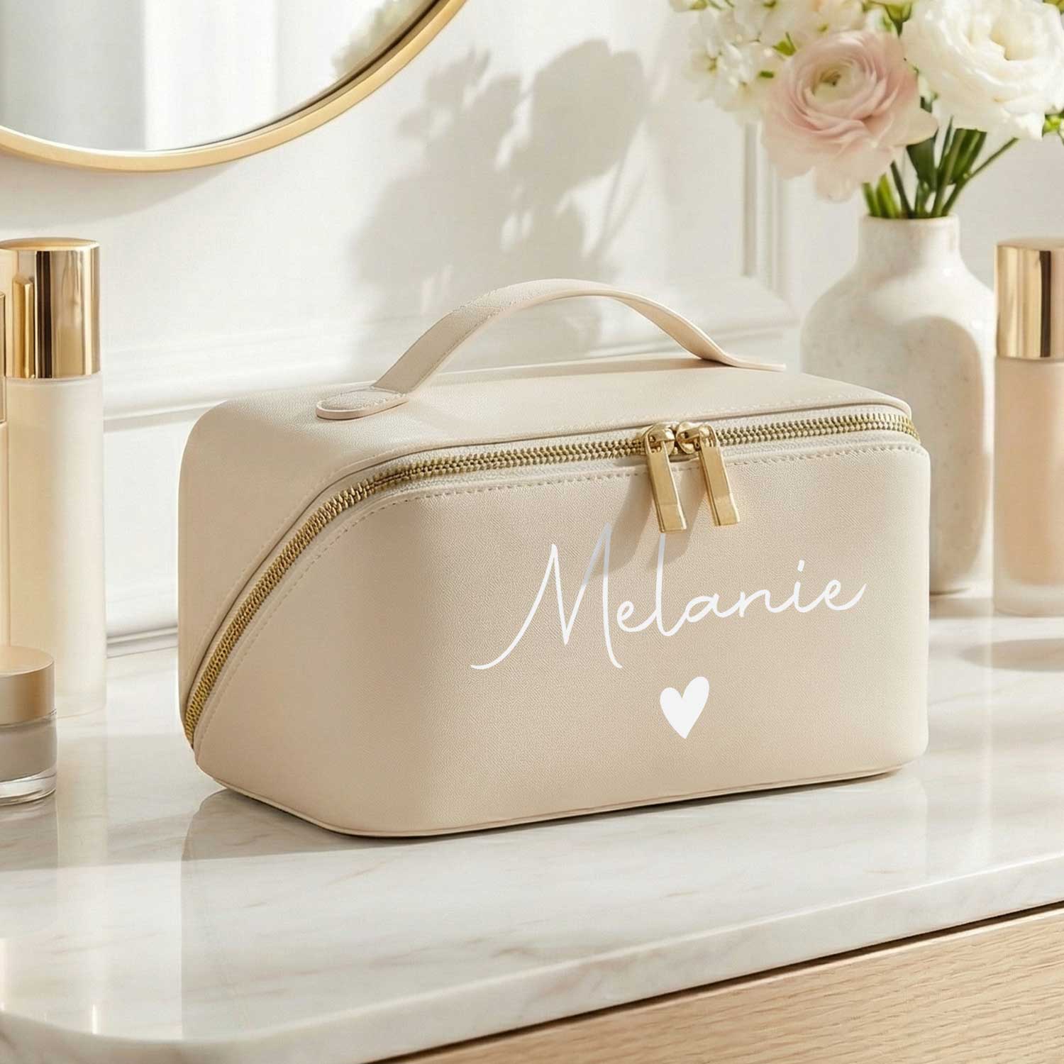 Personalisierte Kosmetiktasche mit Name ca. 24 x 12 x 12 cm | Geschenkidee in Gold