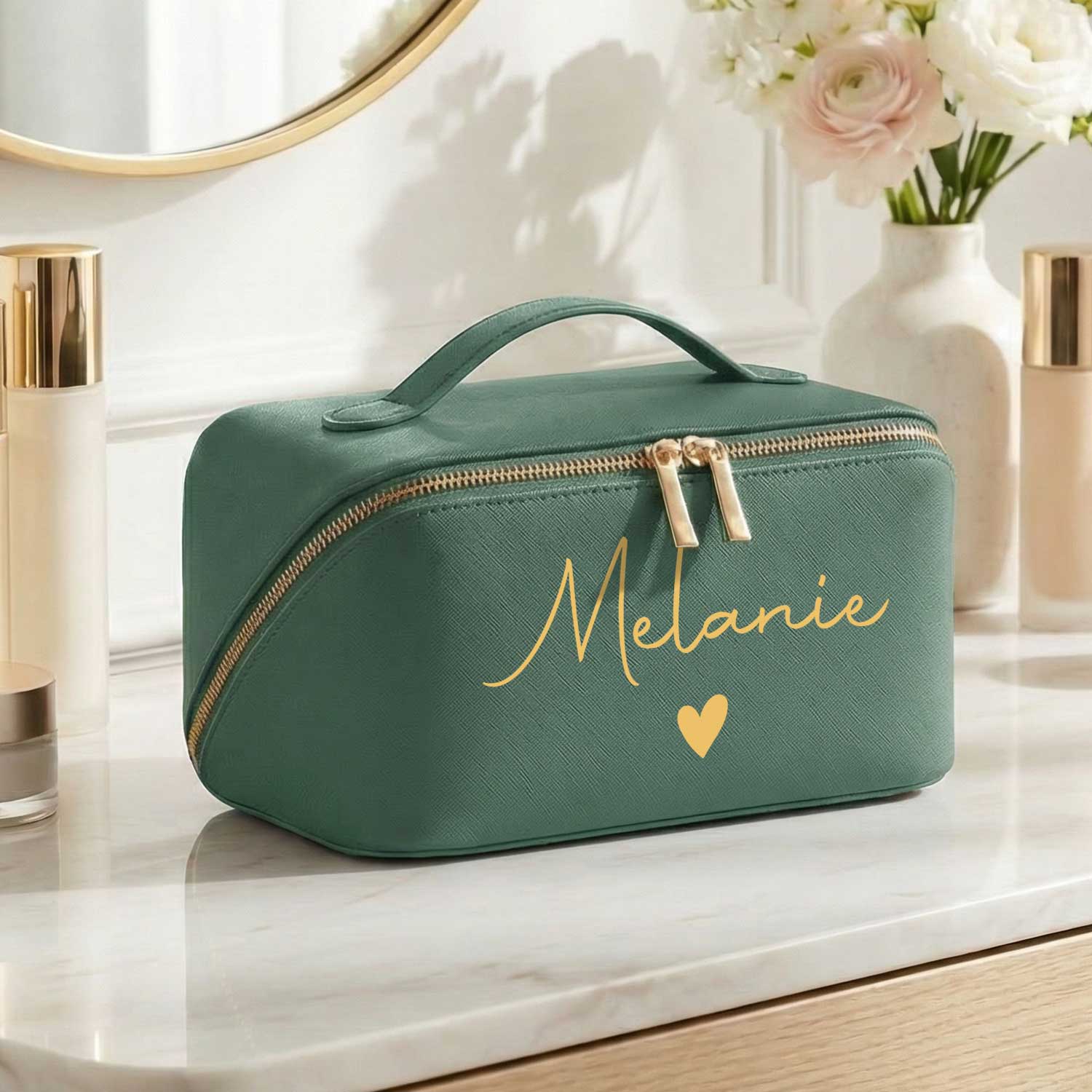 Personalisierte Kosmetiktasche mit Name ca. 24 x 12 x 12 cm | Geschenkidee in Gold