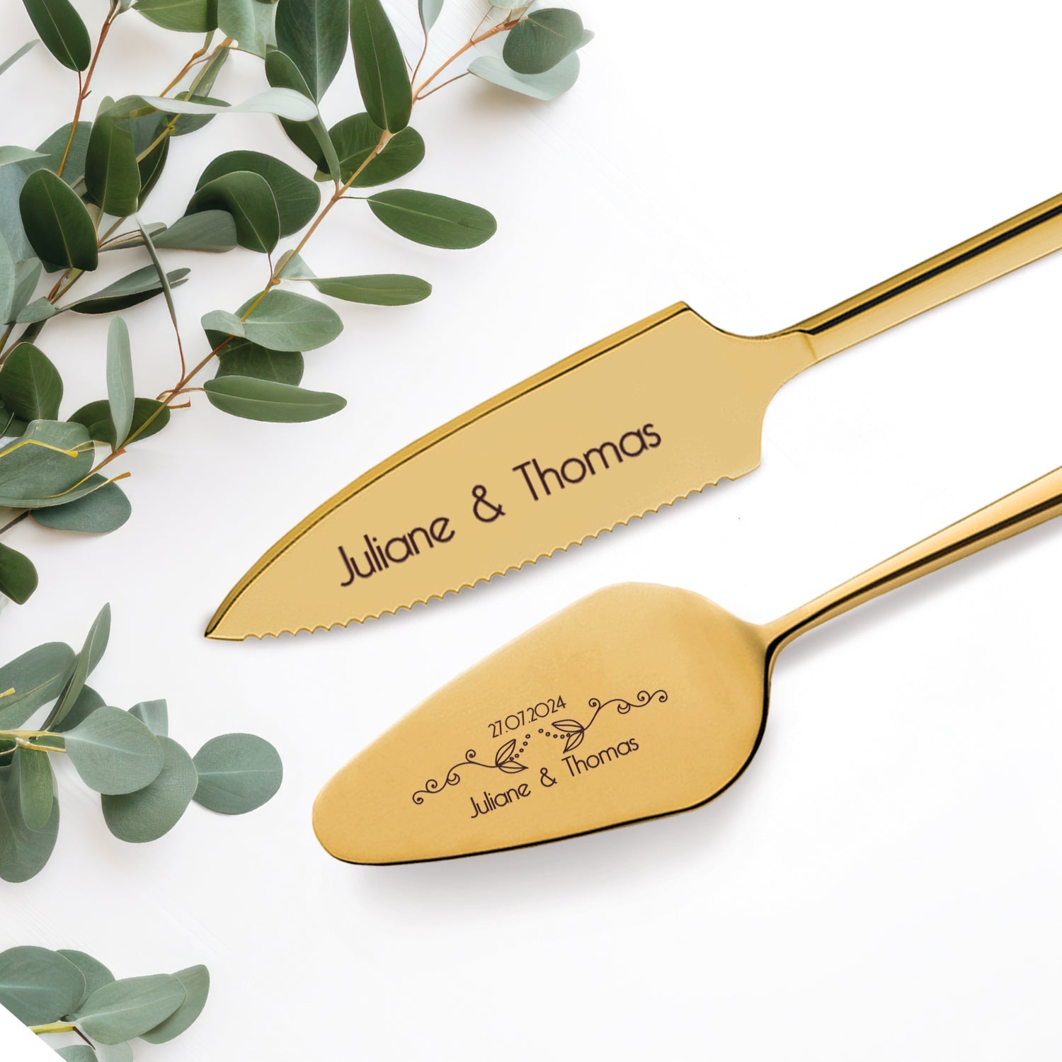 Golden cake cutlery flower tendril with engraving | Wedding gift