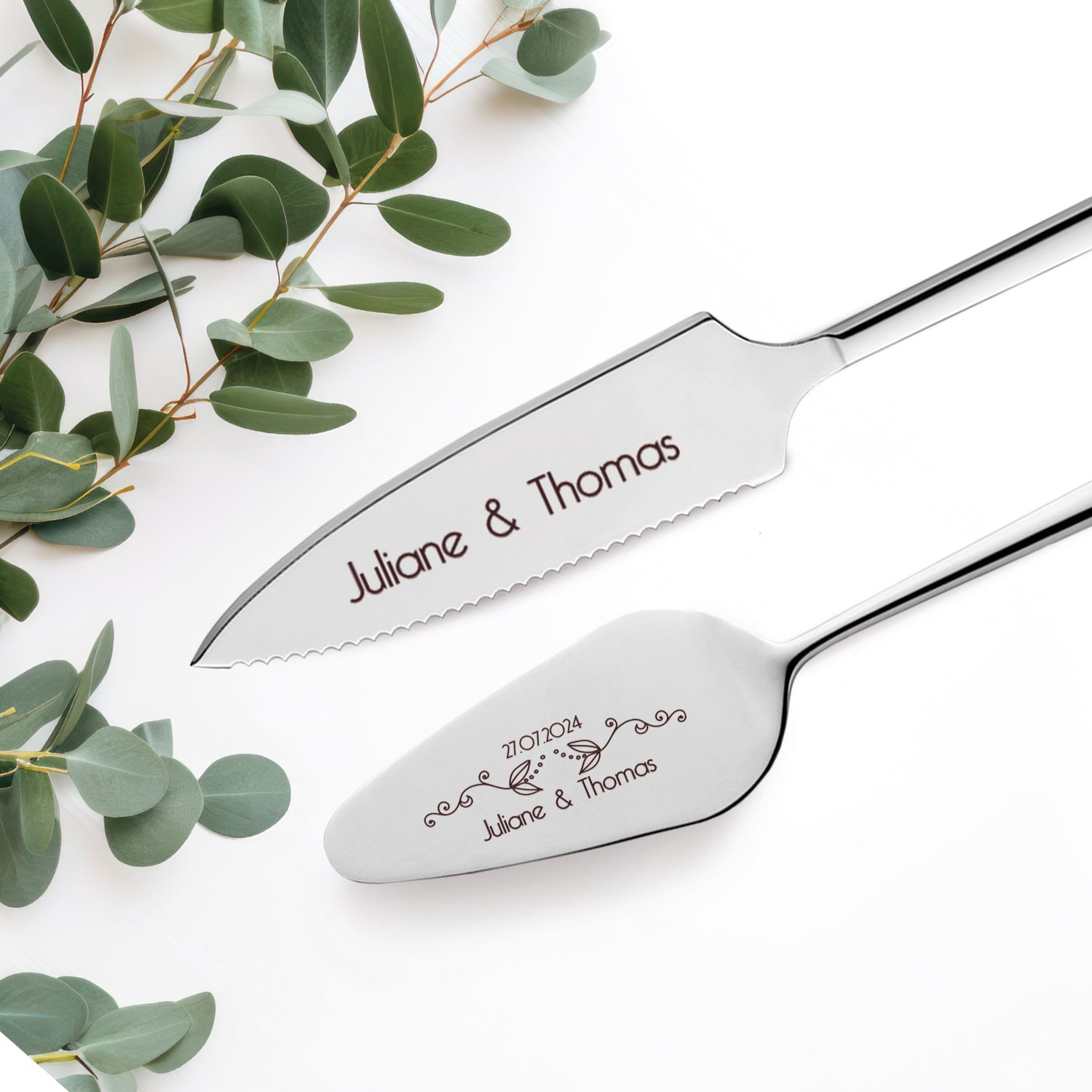 Golden cake cutlery flower tendril with engraving | Wedding gift