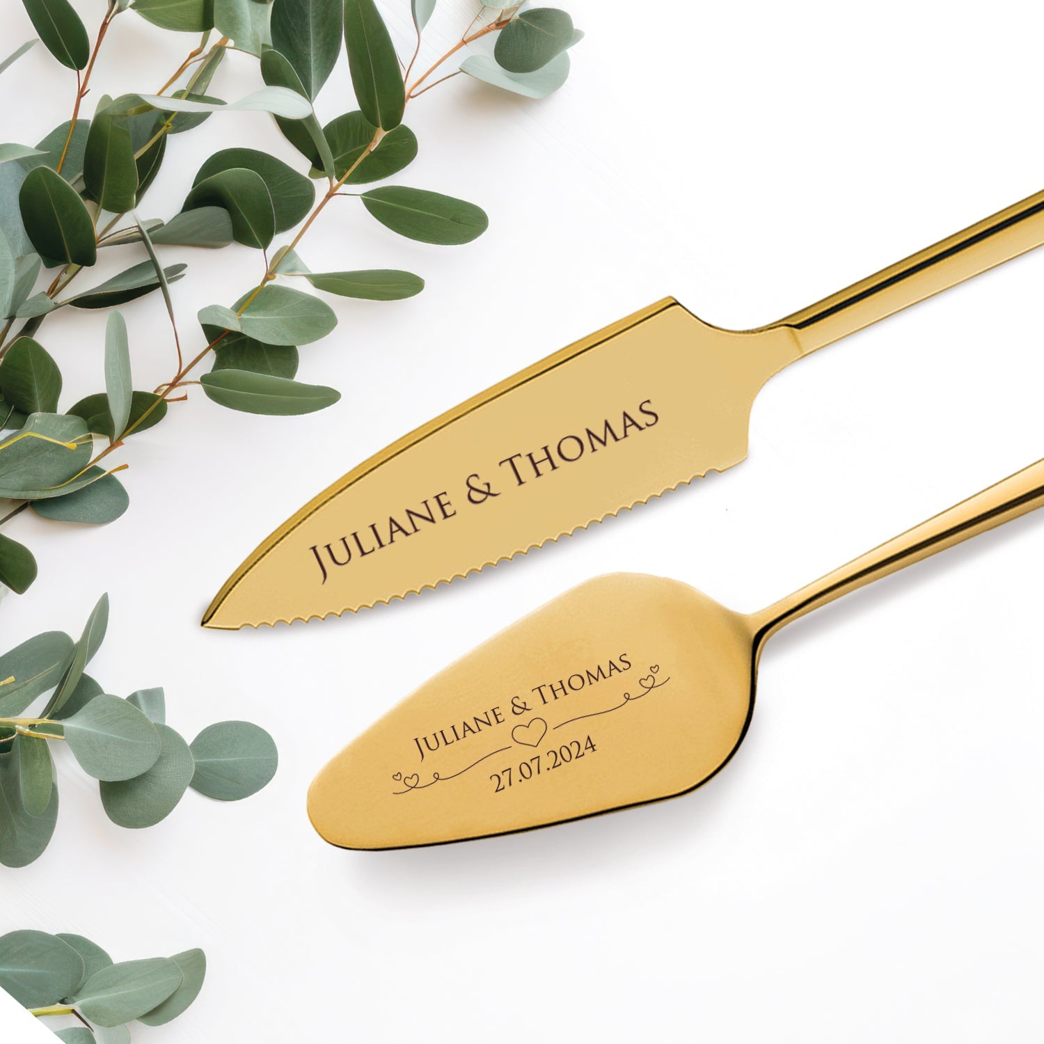 Golden cake cutlery with engraving | Wedding gift