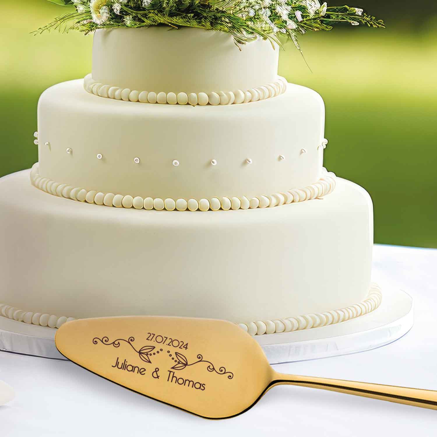 Golden cake cutlery flower tendril with engraving | Wedding gift