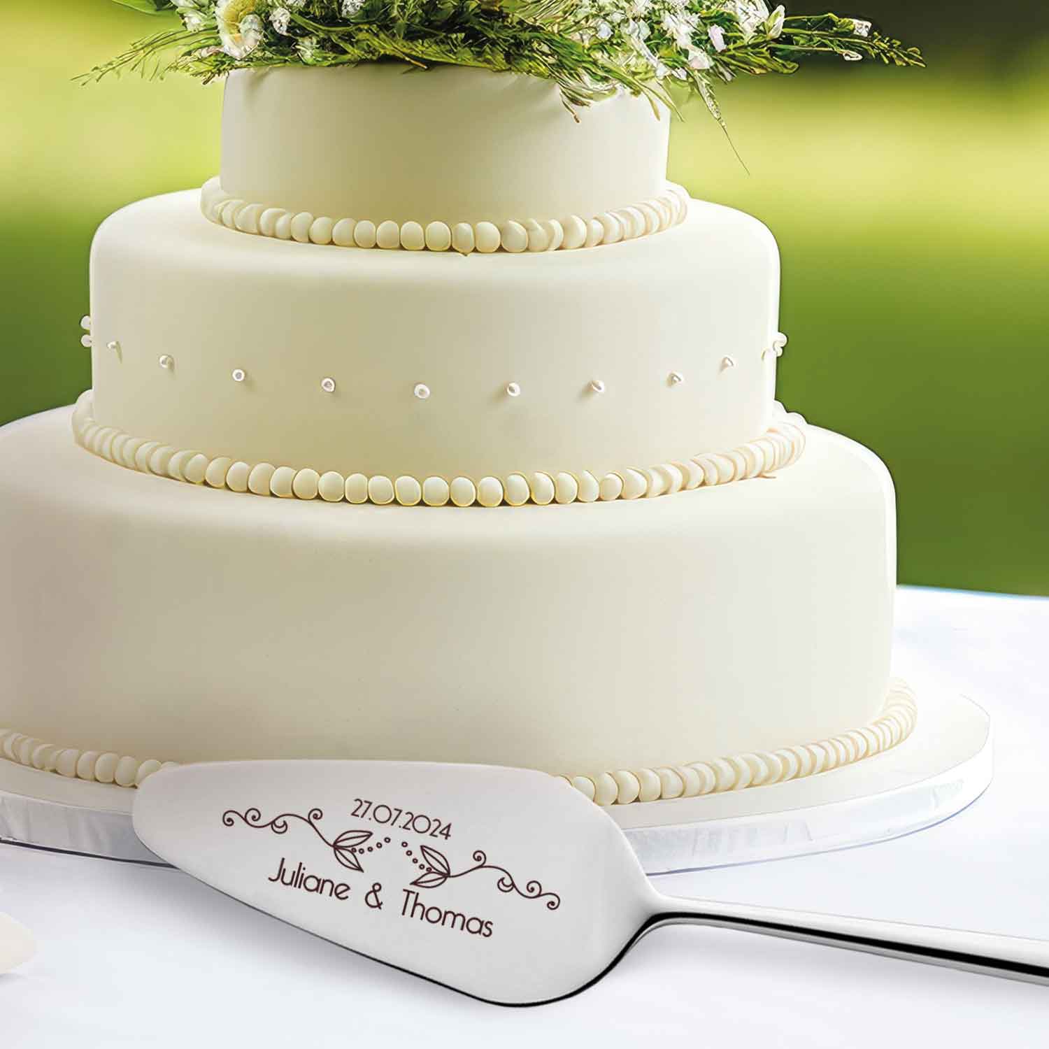 Golden cake cutlery flower tendril with engraving | Wedding gift