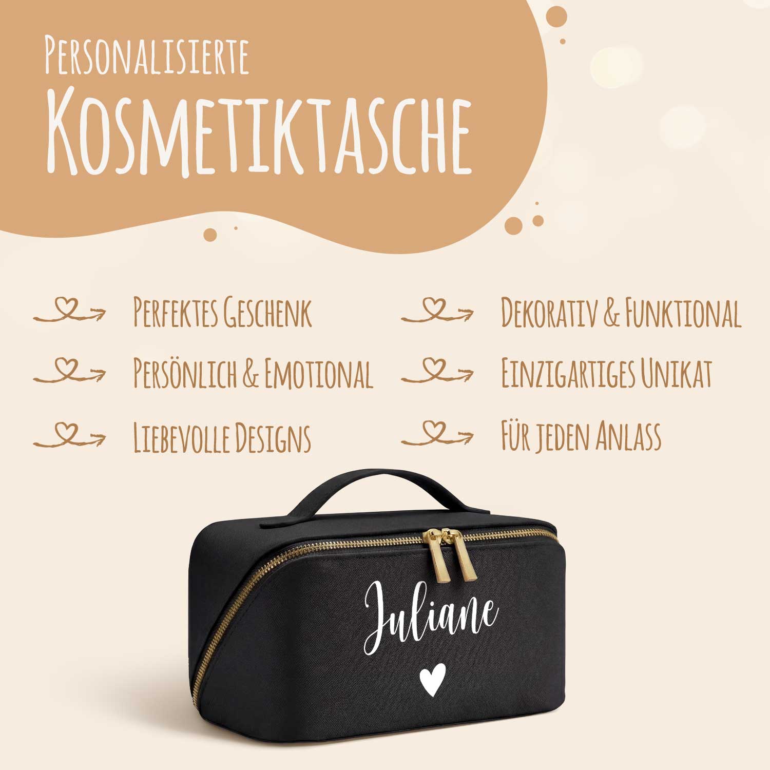 Personalisierte Kosmetiktasche mit Name ca. 24 x 12 x 12 cm | Geschenkidee in Gold