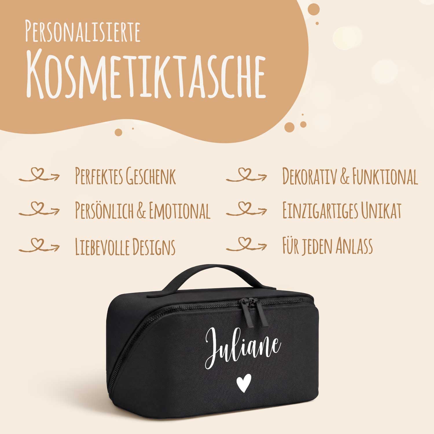 Personalisierte Kosmetiktasche mit Name ca. 24 x 12 x 12 cm | Geschenkidee in Gold
