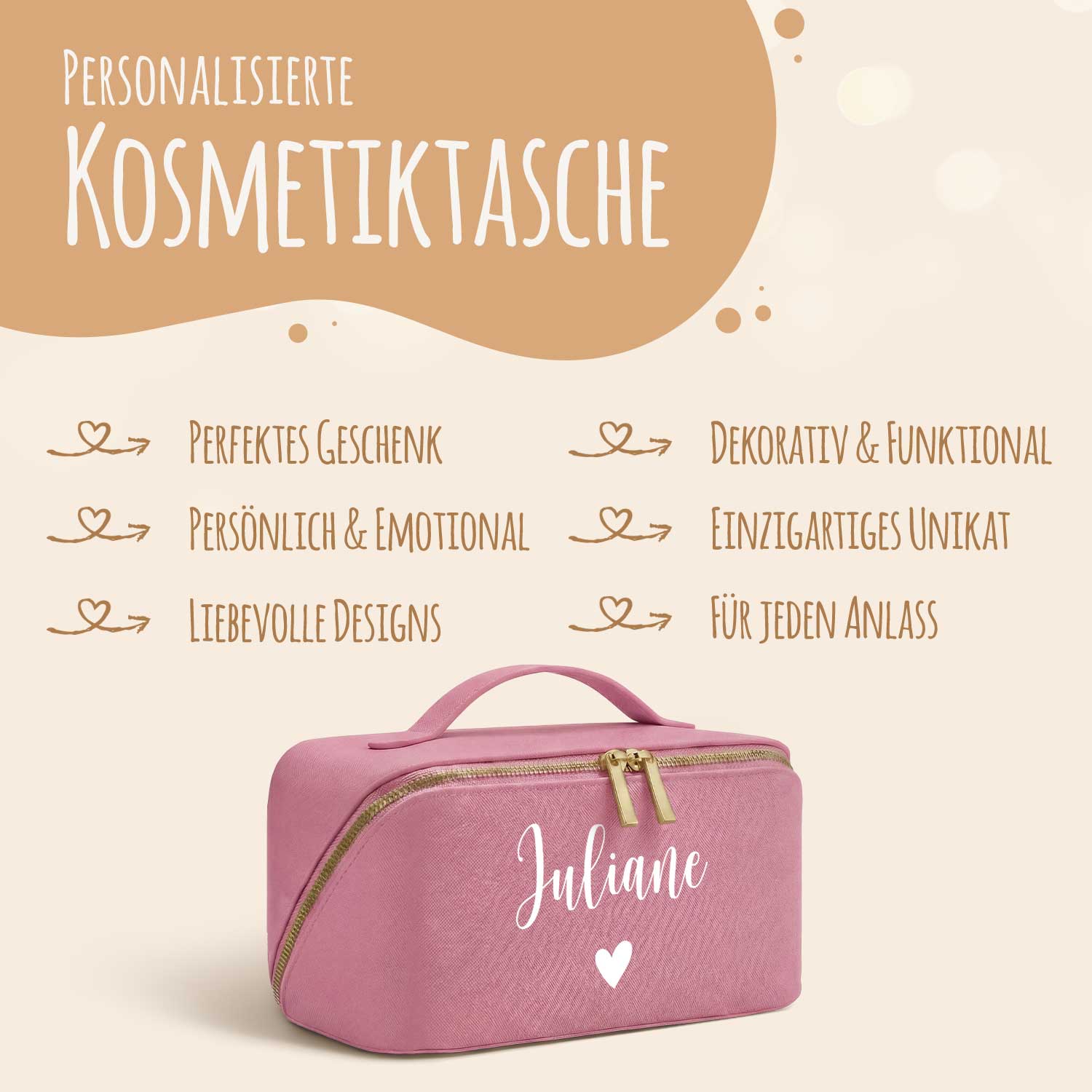 Personalisierte Kosmetiktasche mit Name ca. 24 x 12 x 12 cm | Geschenkidee in Gold