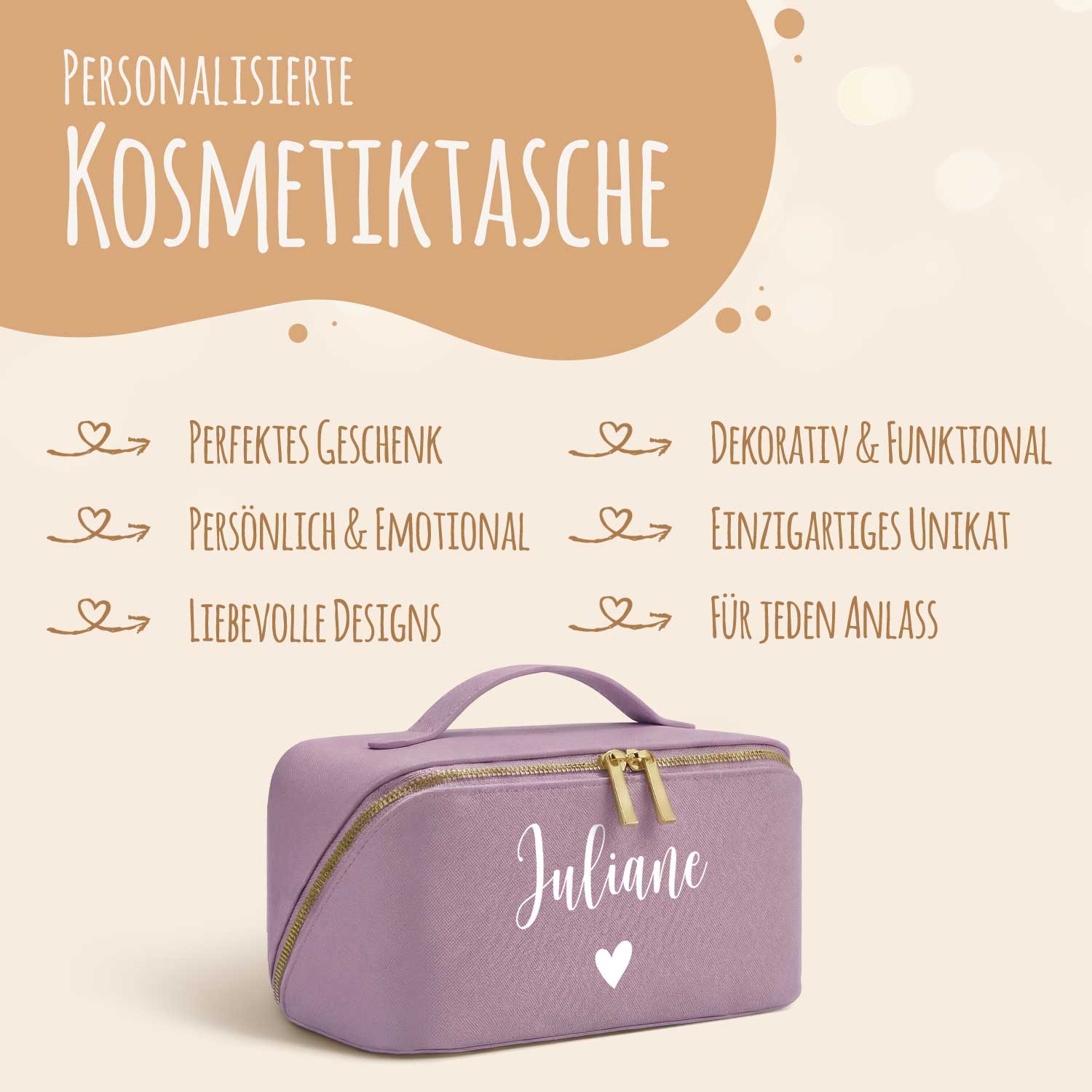 Personalisierte Kosmetiktasche mit Name ca. 24 x 12 x 12 cm | Geschenkidee in Gold