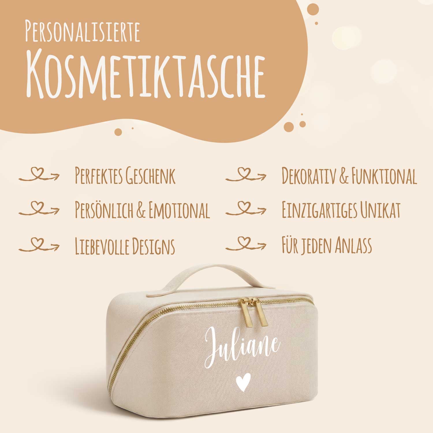 Personalisierte Kosmetiktasche mit Name ca. 24 x 12 x 12 cm | Geschenkidee in Gold