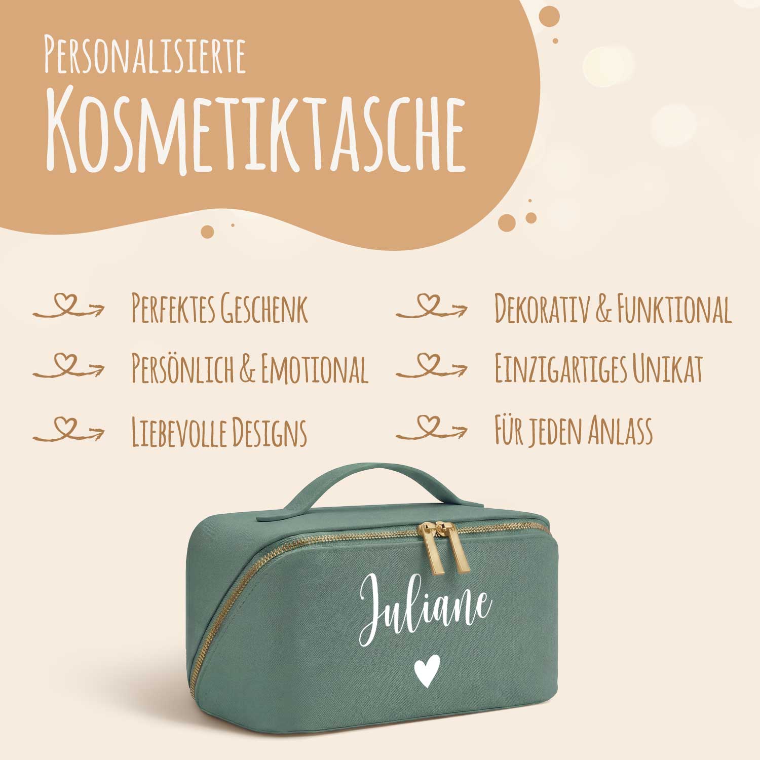 Personalisierte Kosmetiktasche mit Name ca. 24 x 12 x 12 cm | Geschenkidee in Gold