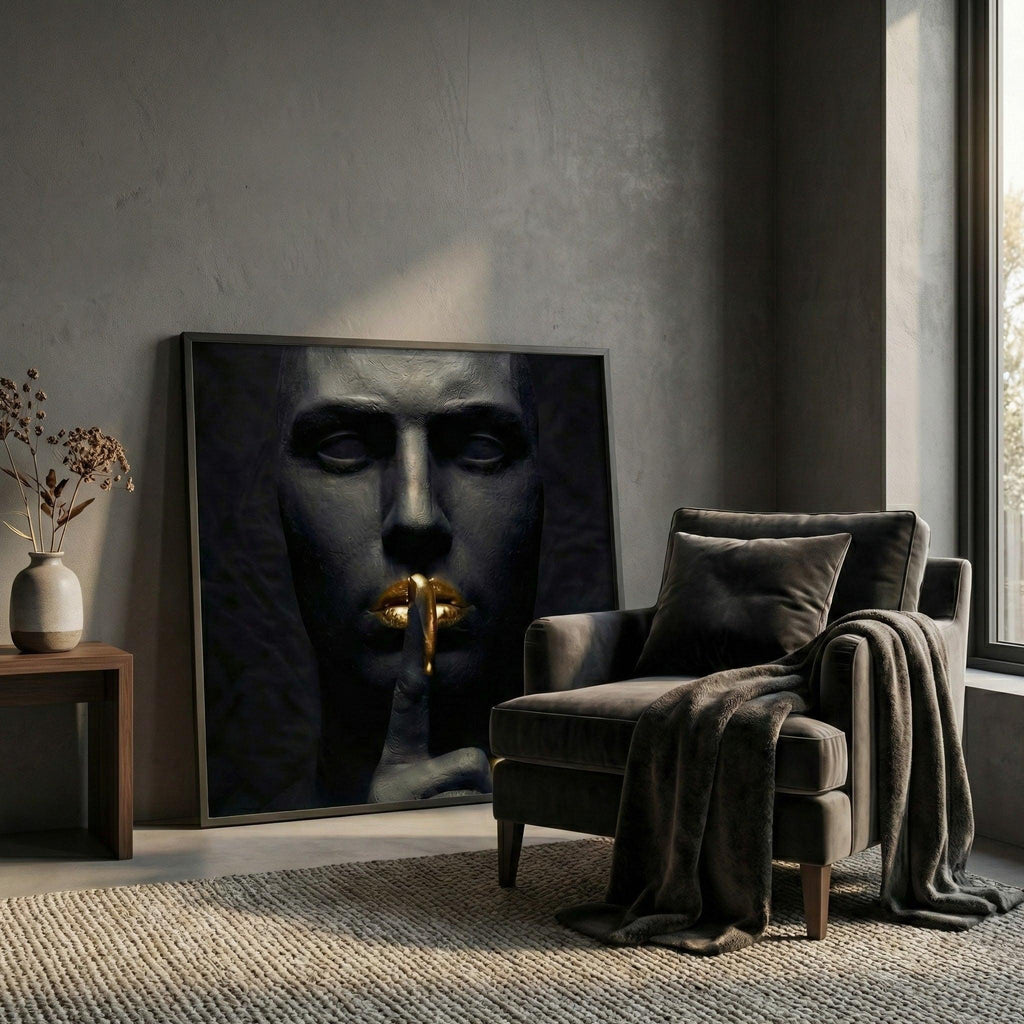 [THE GOLDEN SILENCE |Statue in Obsidian-Optik mit vergoldeten Lippen| Luxus Wandbild für Strategen | High-Res Download] - Luxus Wandbild mit 24 Karat Gold | Dark Luxury Interior & Wanddekoration.