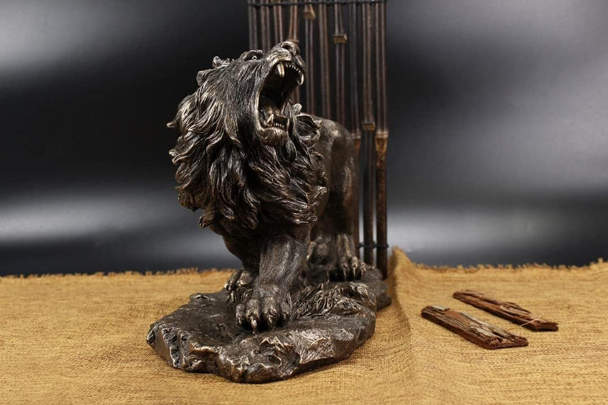 Große Brüllende Löwe Skulptur Handgefertigt in Bronze-Optik Lebensgroß | Echter Löwe Figur Als Motivation Für Unternehmer | Deko Figur in Schwarz-Gold Statue Groß