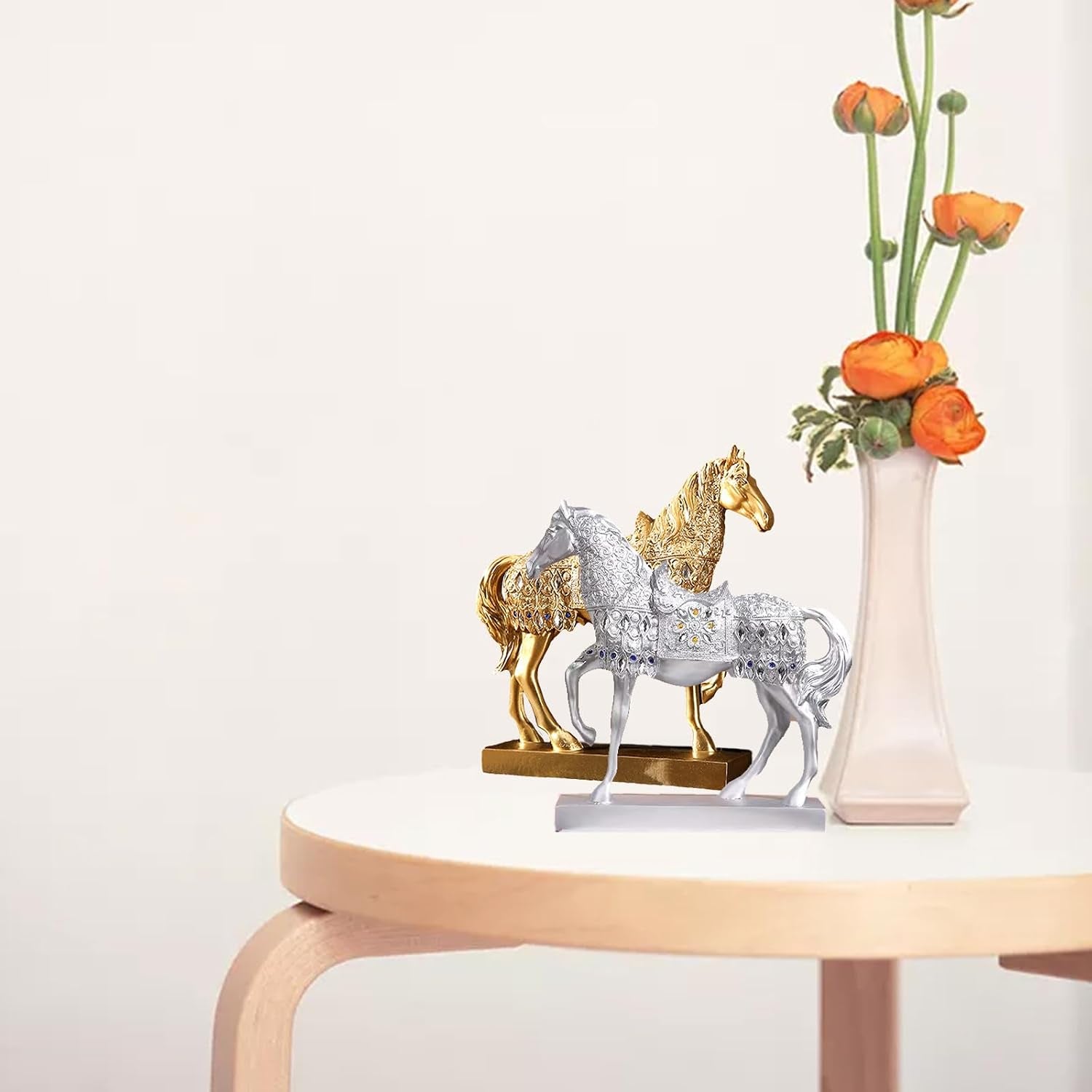 Pferd Figurine Aus Resin, Feng Shui Pferdeskulptur Für Home-Office, Schreibtisch & Weinregal, Tier Kunst Deko, 26X6.5X26Cm, 800G (Gold)