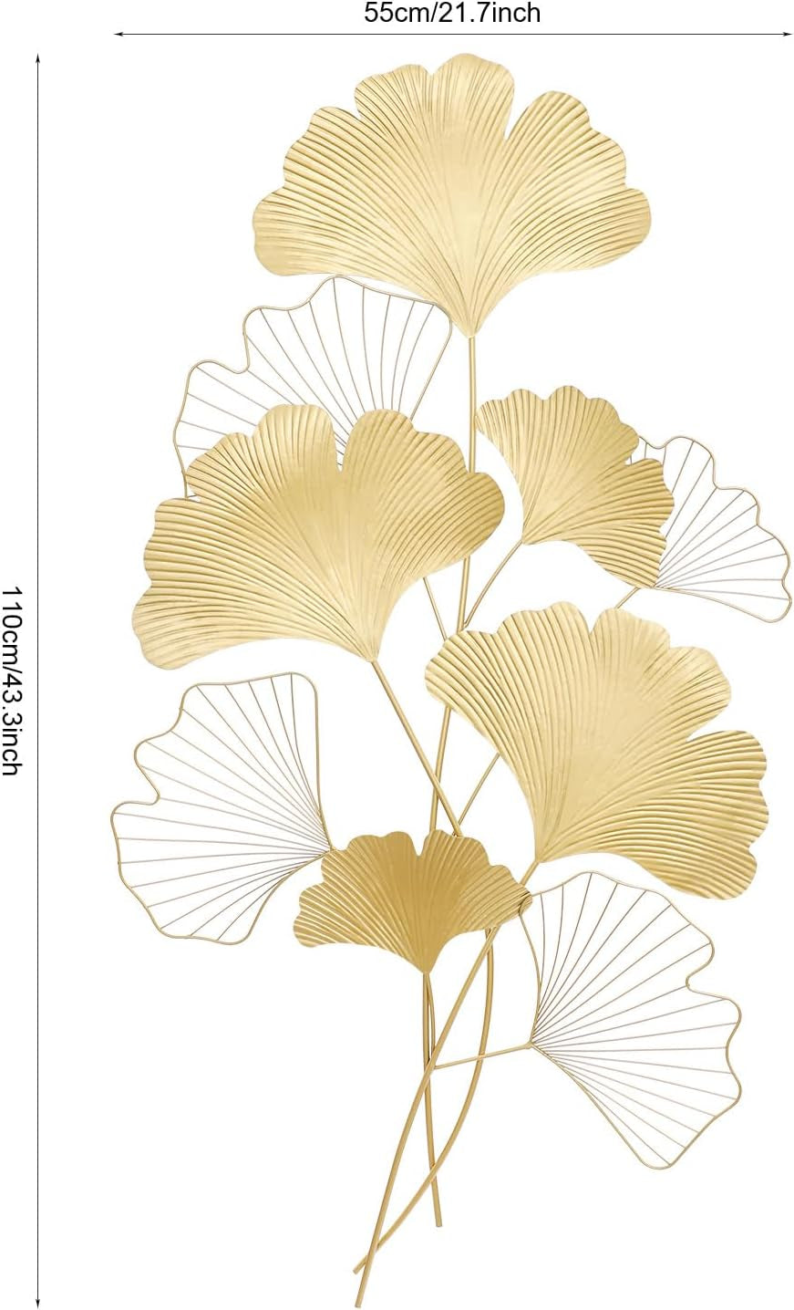 Wanddekoration Ginkgo 3D Wandbild Metall Wanddeko Blätter Wandverzierung Hintergrund Wand Wohnzimmer Elegante Dekoration Wandmontiert Wandskulpturen Für Foyer, Esszimmer, Lobby, Gold, 110X55 Cm