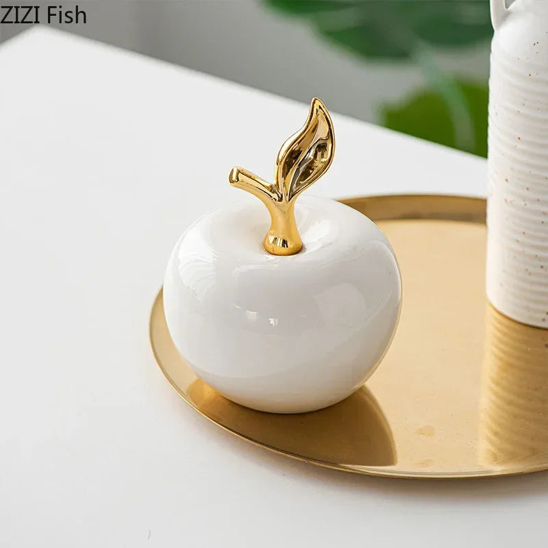Gold-Plated Ceramic Apple Statue Desk Decoration Ornaments Golden Apple Porcelain Sculpture Modern Artwork Room Aesthetic Decor