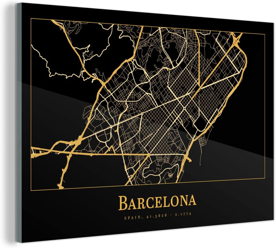 Muchowow Glasbild Glasfoto Wandbild Bilder Deko 60X40 Cm Karte - Barcelona - Gold - Schwarz