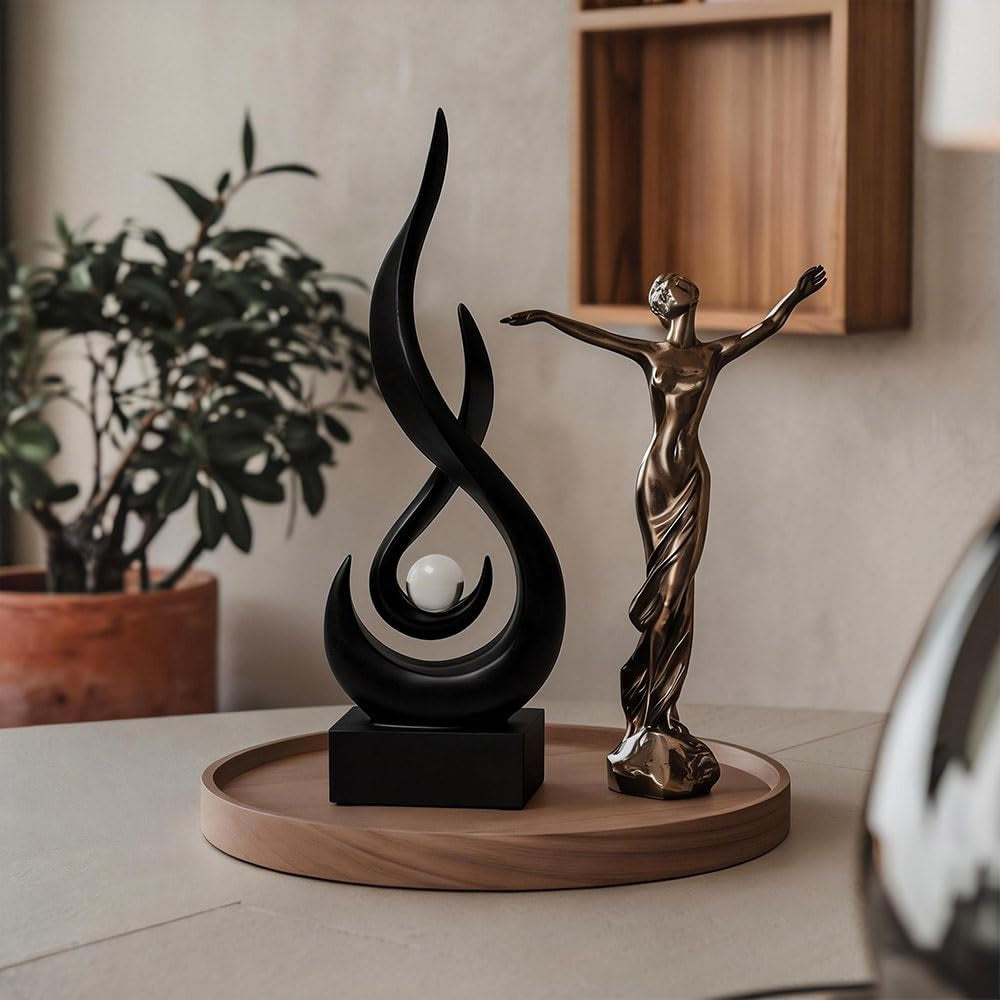 2 Stück Deko Flamme Skulptur Moderne Skulpturen Dekor Aus Kunstharz 29 X 8.7 X 4 Cm Abstrakte Kunst Skulptur Flamme Deko Moderne Statue Mit Glaskugel Für Wohnzimmer Büro Regal (Gold, Schwarz)