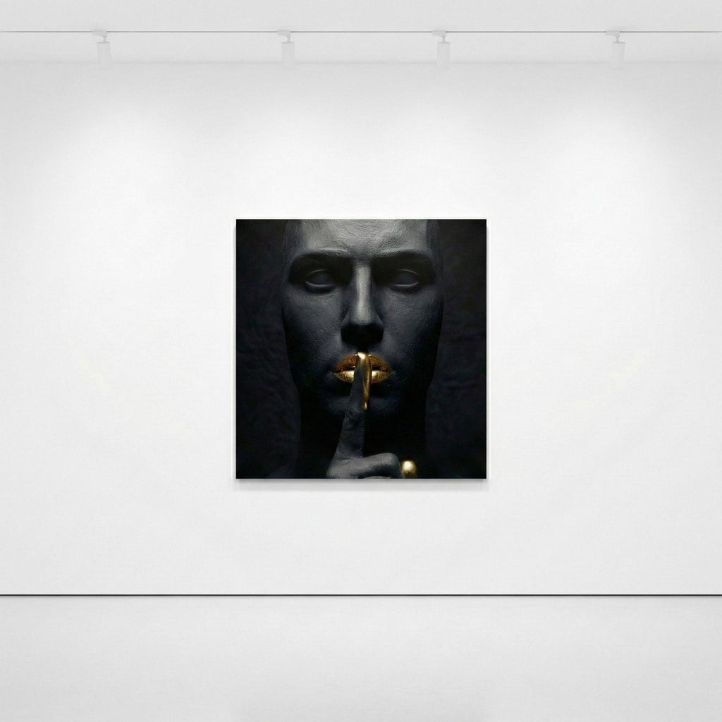 [THE GOLDEN SILENCE |Statue in Obsidian-Optik mit vergoldeten Lippen| Luxus Wandbild für Strategen | High-Res Download] - Luxus Wandbild mit 24 Karat Gold | Dark Luxury Interior & Wanddekoration.