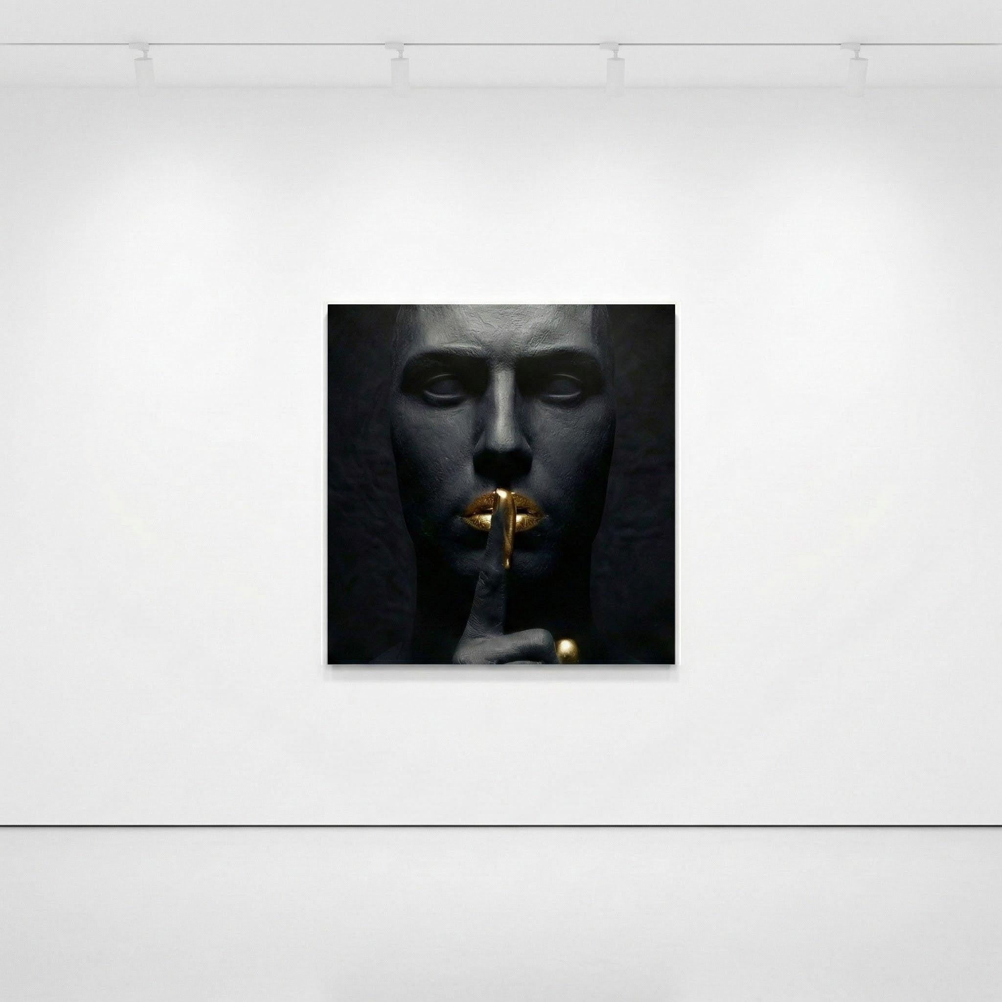[THE GOLDEN SILENCE |Statue in Obsidian-Optik mit vergoldeten Lippen| Luxus Wandbild für Strategen | High-Res Download] - Luxus Wandbild mit 24 Karat Gold | Dark Luxury Interior & Wanddekoration.
