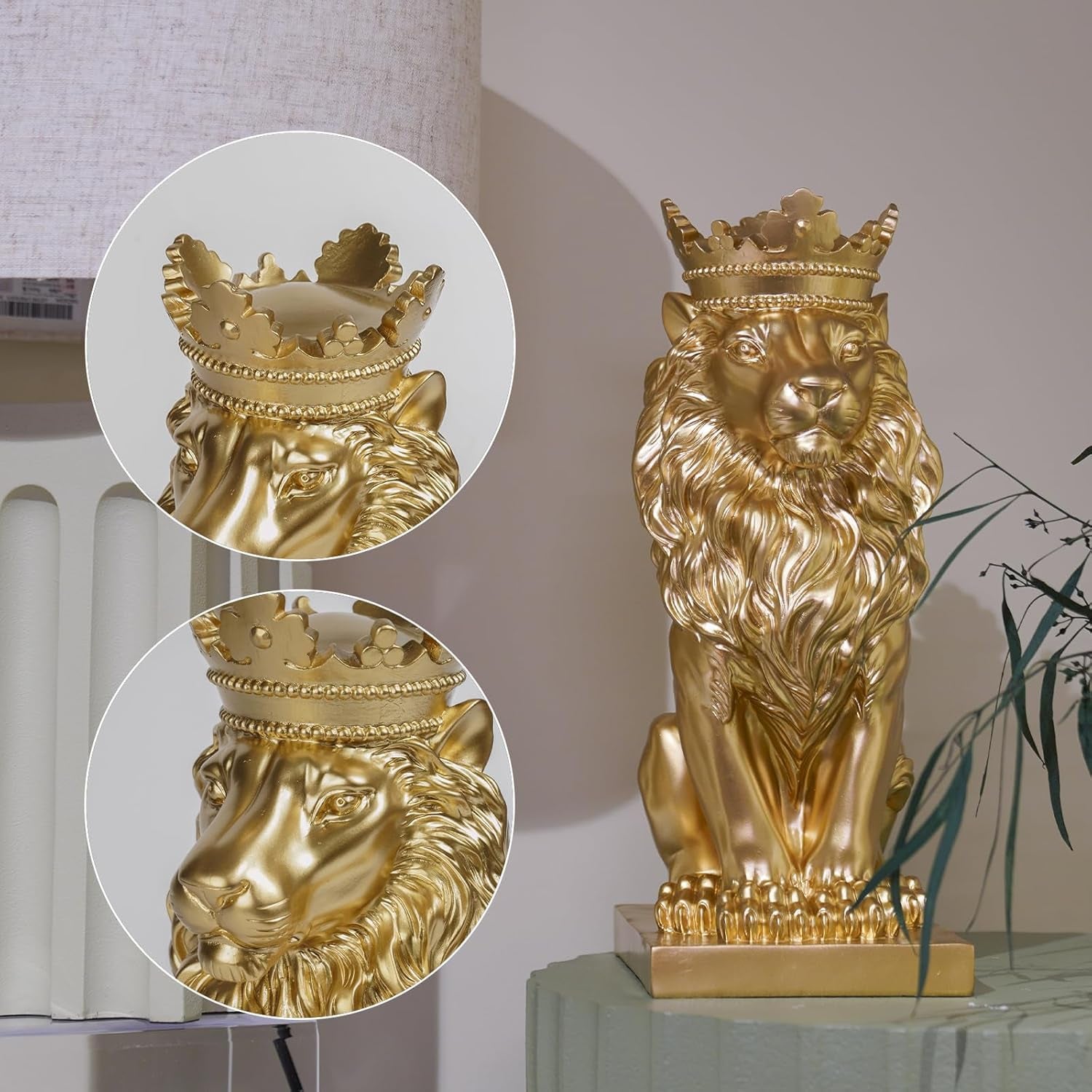 Gold Room Decor Lion Statue - Gold Statue Lion Figur House Decorations with Crown Lion Statuen Home Decor Lion Decoration Decor for Living Room Gold Decor 8.5 * 5.5 * 15 Inch