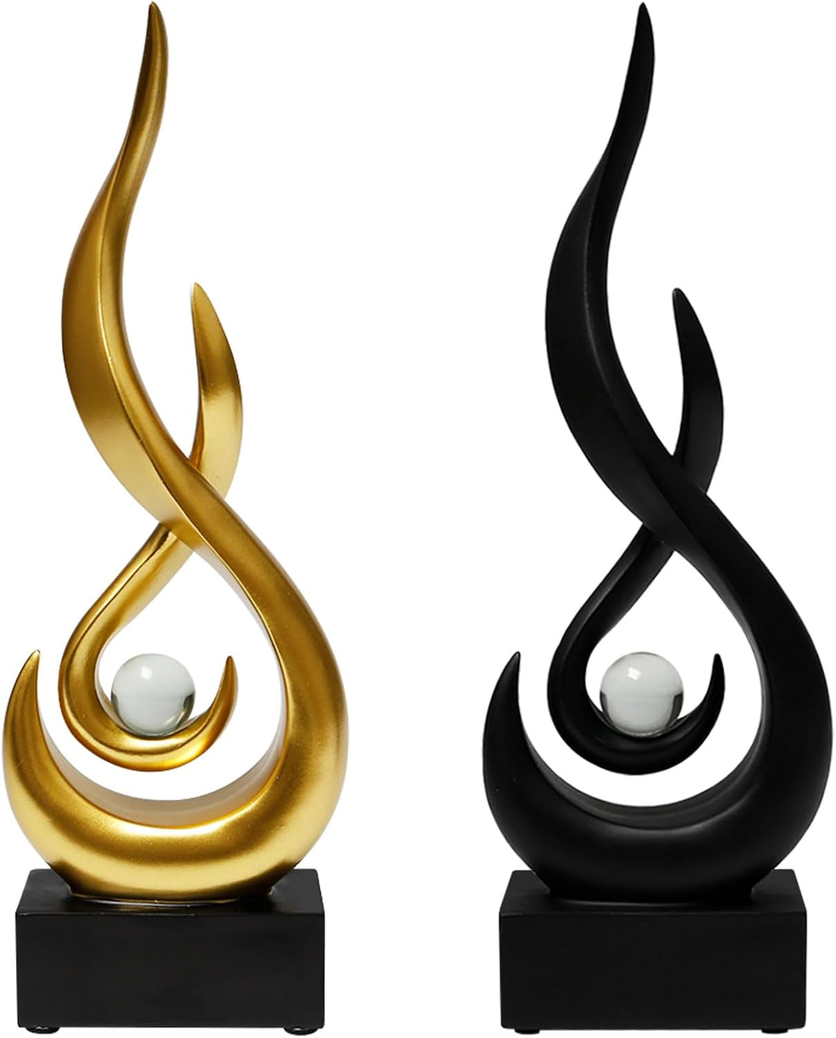 2 Stück Deko Flamme Skulptur Moderne Skulpturen Dekor Aus Kunstharz 29 X 8.7 X 4 Cm Abstrakte Kunst Skulptur Flamme Deko Moderne Statue Mit Glaskugel Für Wohnzimmer Büro Regal (Gold, Schwarz)