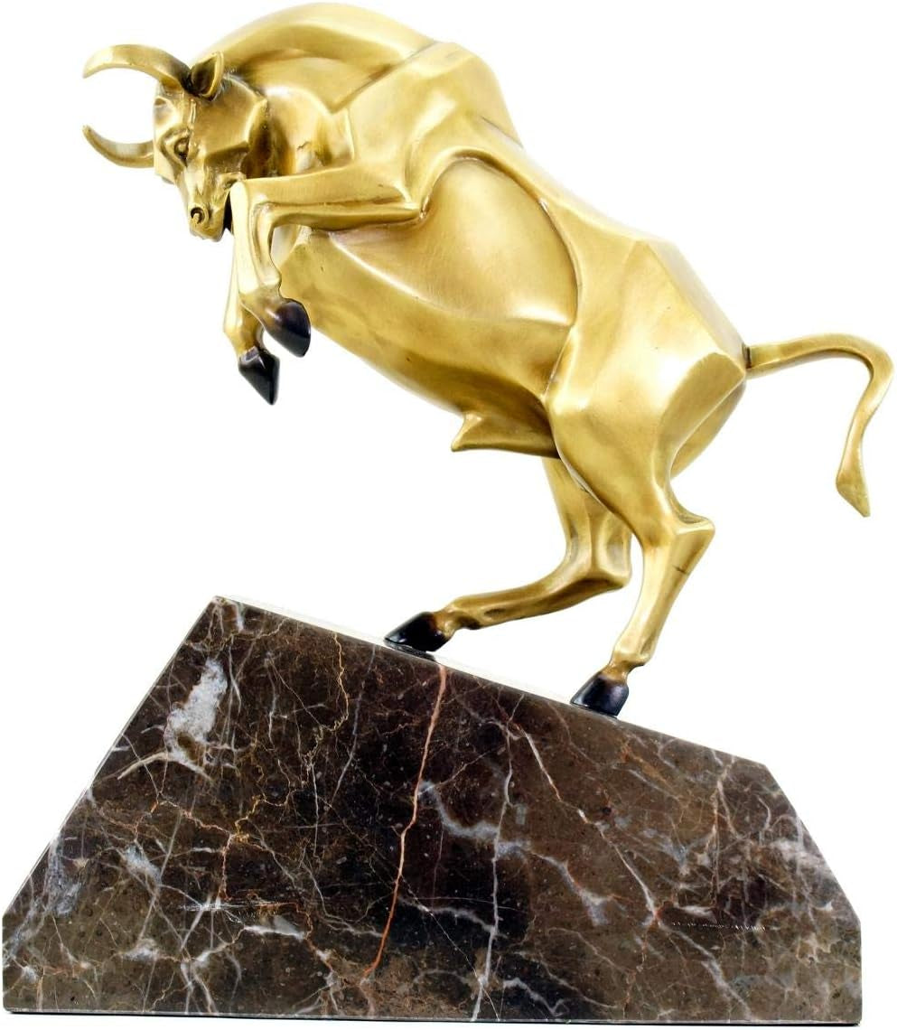 Bronze Börsen Stier Auf Marmorsockel - Limitierte Skulptur Von Martin Klein - Bulle/Taurus/Börsenbulle - Tierskulptur - Deko Statue - Höhe: 32 Cm - Büro - Wohnen - Moderne Kunst