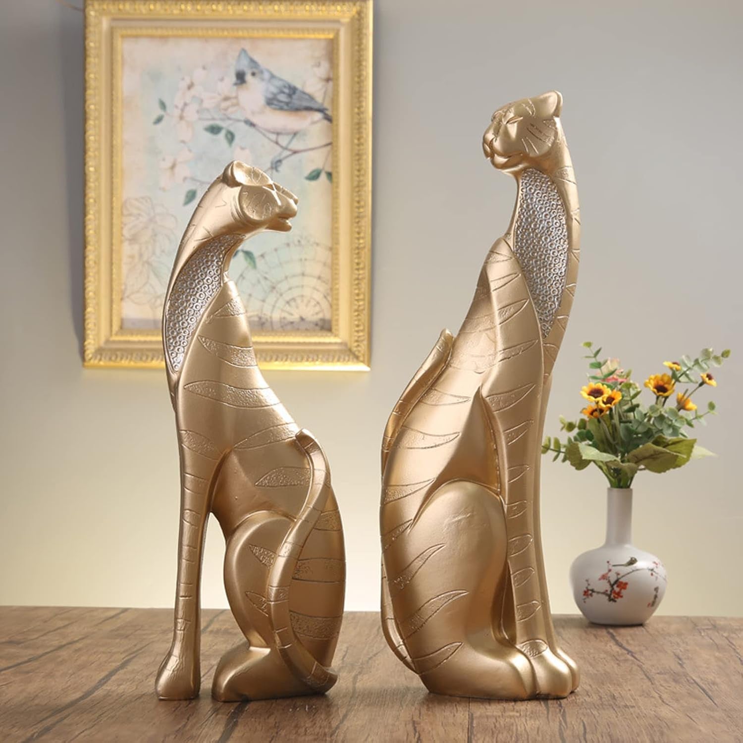 Leopard Duo Gold-Blue | Geometrische Raubkatzen-Skulpturen