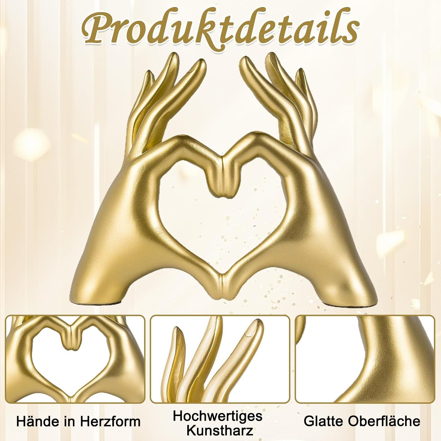 Goldene Herz Hand Skulptur, Herzform Hand Statue, Liebe Finger Deko Gold Aus Resin, Minimalistisches Herz Deko Für Wohnzimmer, Schlafzimmer, Büro & Bücherregal