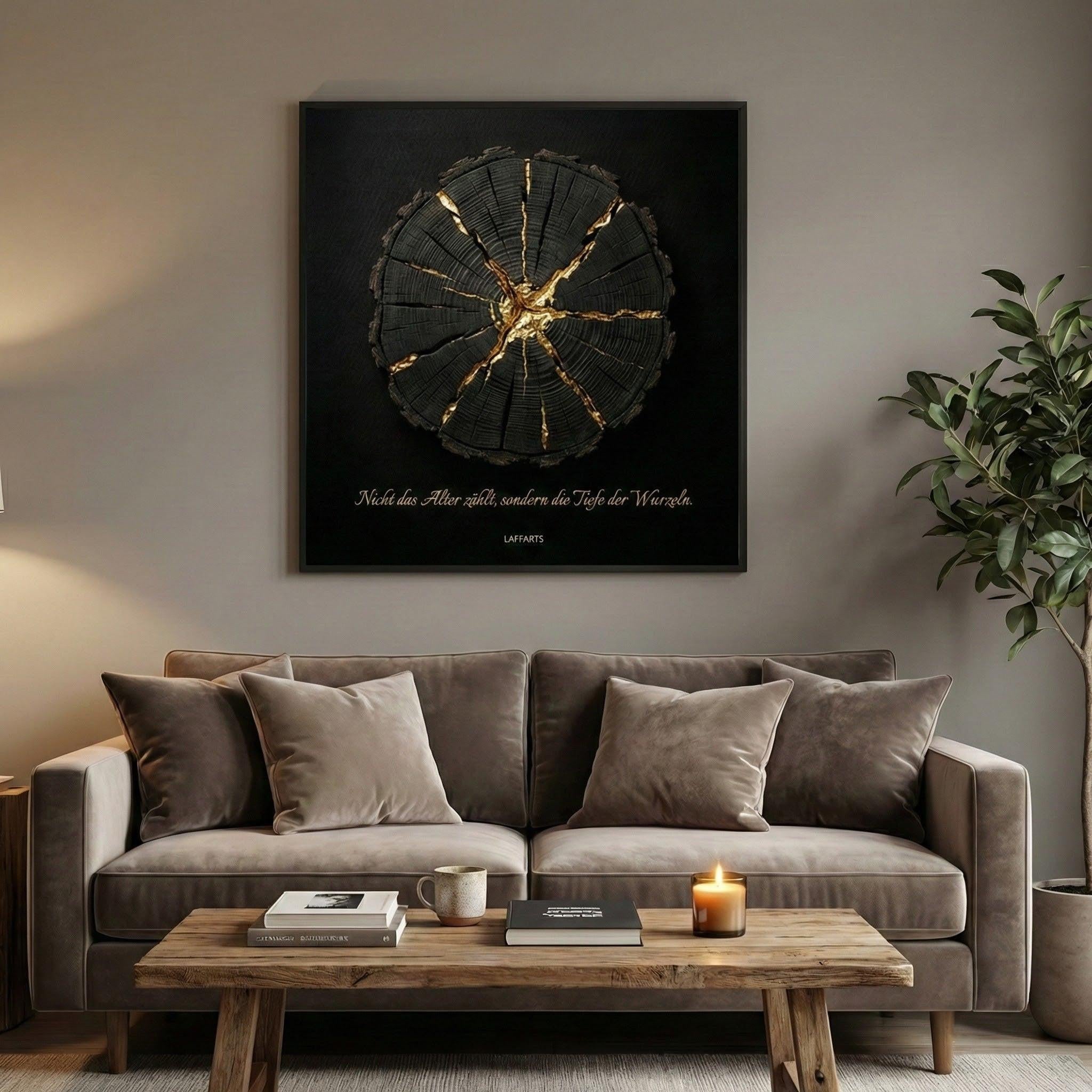 [Wandkunst „Tiefe der Wurzeln“ – Goldene Kintsugi-Ästhetik auf tiefschwarzem Grund | LAFFARTS] - Luxus Wandbild mit 24 Karat Gold | Dark Luxury Interior & Wanddekoration.