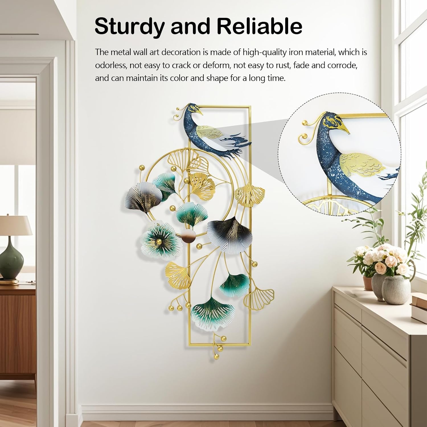 Wanddeko Wohnzimmer, 89 X 45Cm 3D Wanddekoration Wohnzimmer Wall Wanddeko Pfau Und Ginkgo Blätter Metall Wand Deko Hängende Esszimmer Korridor Wanddekoration 3D Wandbild Wall Decor