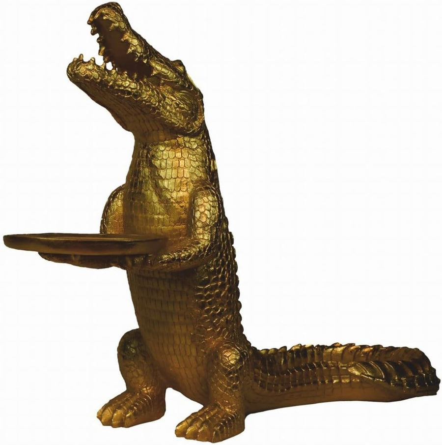 Casa Padrino Luxus Deko Skulptur Krokodil Mit Tablett Gold H. 52 Cm - Deko Figur