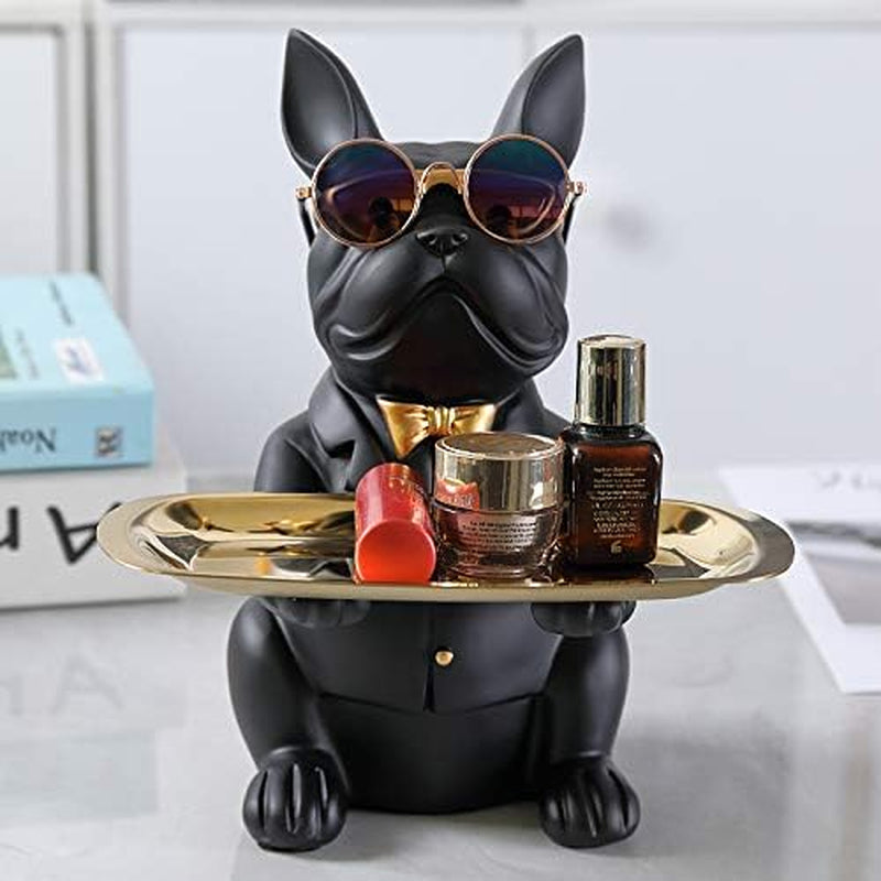 Coole Bulldogge Skulptur Französisch Statue Mit Edelstahl Tablett, Statue, Tischdekoration, Mode, Heimtextilien, Multifunktion, Schreibtisch Lagerung,Schwarz,B