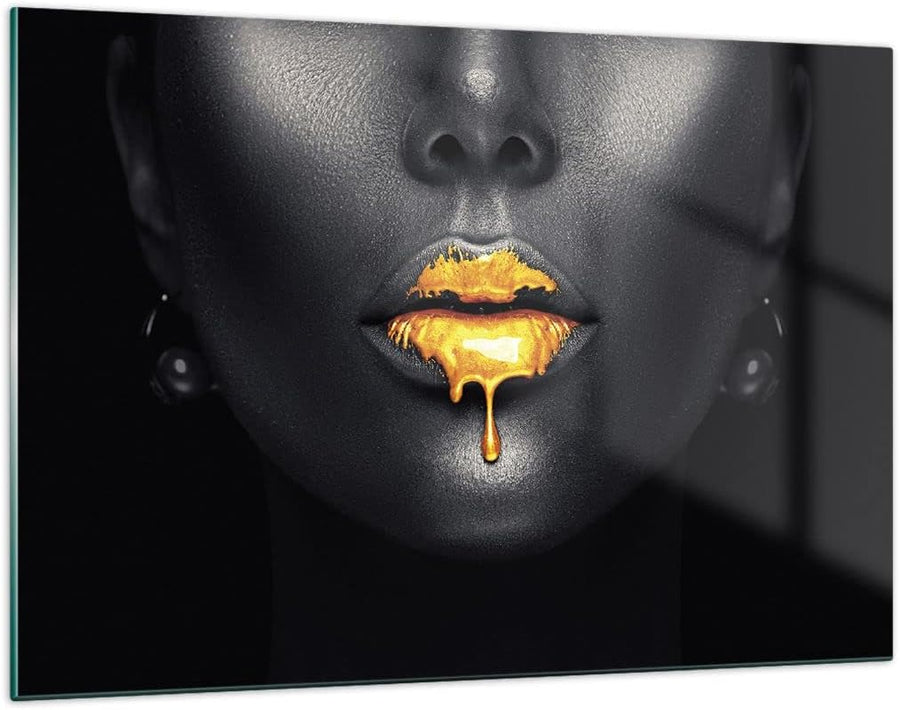 Golden Lips Glasbild Schwarz-Gold 120 x 80 cm