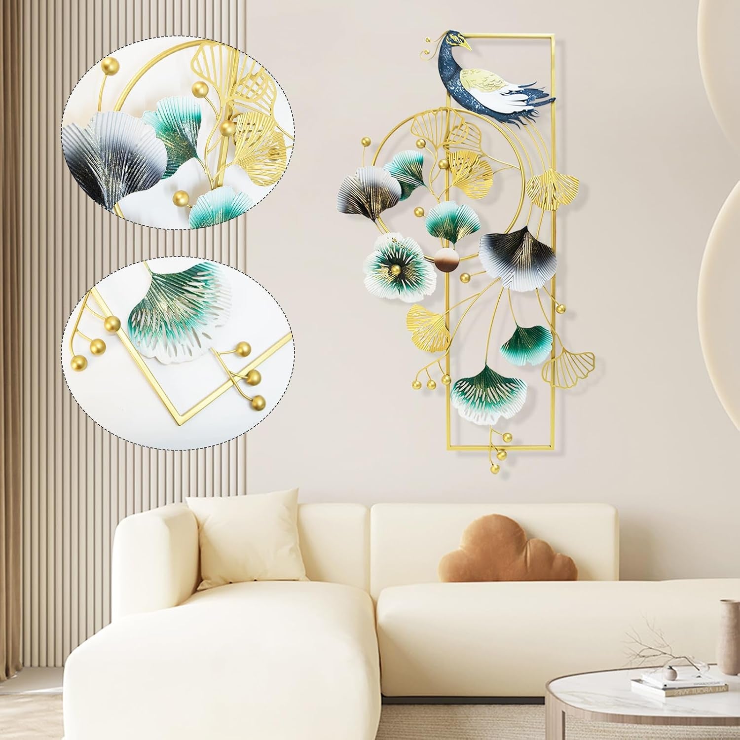 Wanddeko Wohnzimmer, 89 X 45Cm 3D Wanddekoration Wohnzimmer Wall Wanddeko Pfau Und Ginkgo Blätter Metall Wand Deko Hängende Esszimmer Korridor Wanddekoration 3D Wandbild Wall Decor