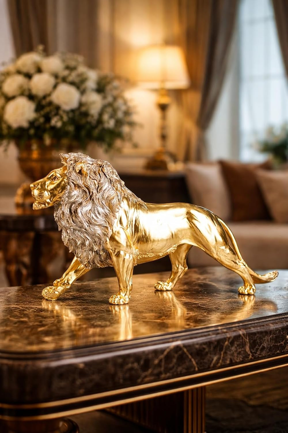 58,4 Cm Große Goldene Löwenstatue – Majestätischer König Des Dschungels Skulptur Für Luxuriöse Heimdekoration, Büro, Eingangsbereich, Kaminsims Und Statement-Display