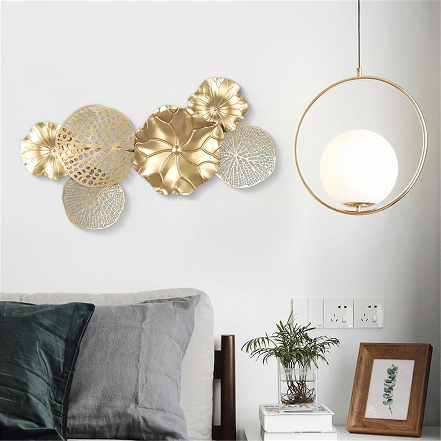 Metall Gold Lotusblatt Wanddekoration Luxus Gestapelte Blumen Wandkunst Dekoration Groß Schmiedeeisen Lotusblatt Metall Wandskulptur Wohnkultur Für Wohnzimmer Schlafzimmer, M