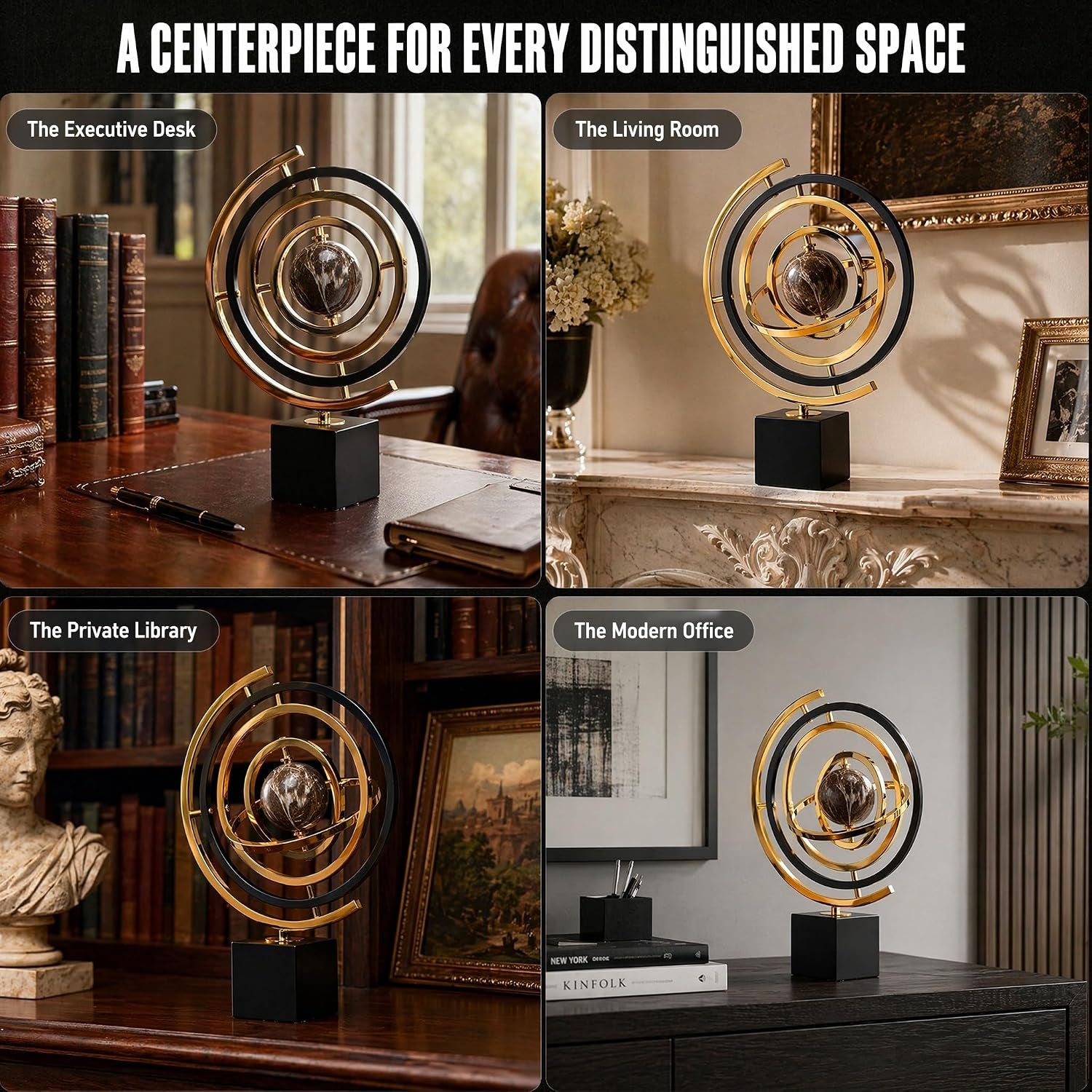 Metall Globus Deko Schwarz Gold, Abstrakte Skulptur Und Moderne Schreibtisch Deko, Stabiles Büro Accessoire Und Regal Dekoration, Elegantes Kunstobjekt Als Geschenk Für Einweihung