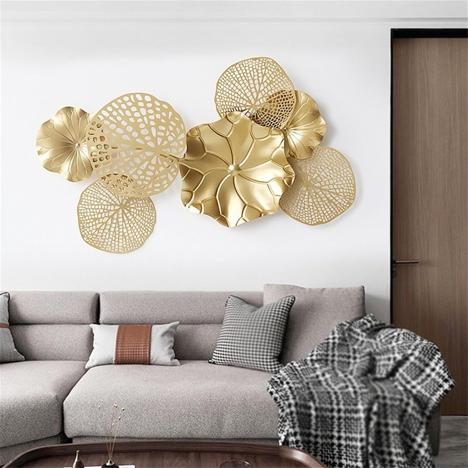 Metall Gold Lotusblatt Wanddekoration Luxus Gestapelte Blumen Wandkunst Dekoration Groß Schmiedeeisen Lotusblatt Metall Wandskulptur Wohnkultur Für Wohnzimmer Schlafzimmer, M