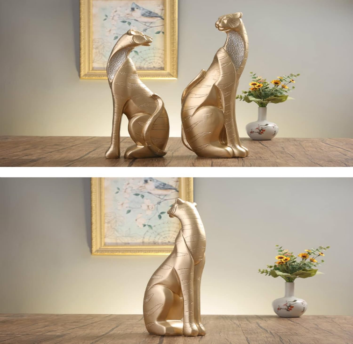Leopard Duo Gold-Blue | Geometrische Raubkatzen-Skulpturen